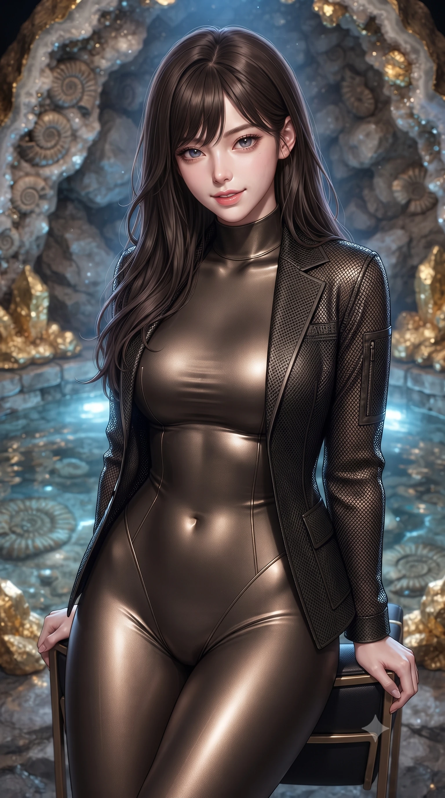 score_9, masterpiece, best quality, ultra-detailed, high-budget anime keyframe, editorial fashion photography, tasteful artistic composition, Korean woman. close-up cowboy shot from the waist and thighs up, the character dominates the composition, filling the frame with her large presence, background elements kept in soft focus. leaning slightly forward with a playful, teasing smile, her gaze locked onto the viewer with lips parted in a composed pose, the background shows a soft-focus a fossil sanctuary pool built inside a natural gold geode dome. She has an exceptionally elegant, slender, and willowy female figure with an ultra-slim waist, a gracefully sculpted slender torso, and a refined silhouette. sharp v-shaped jawline, high-bridge nose, intricate jewel-like eyes with depth, thick eyelashes, glossy lips with a natural sheen. wearing a body-hugging form-fitting high-neck bodysuit in dark bronze, worn under a tailored open carbon-mesh tactical jacket. soft blue light reflecting from the pool water onto rock walls and her skin. ultra-reflective glossy finish, specular highlights, metallic sheen, high-contrast stereoscopic depth, volumetric dynamic lighting, 2k, ultra detail, master piece, 9:16 ratio