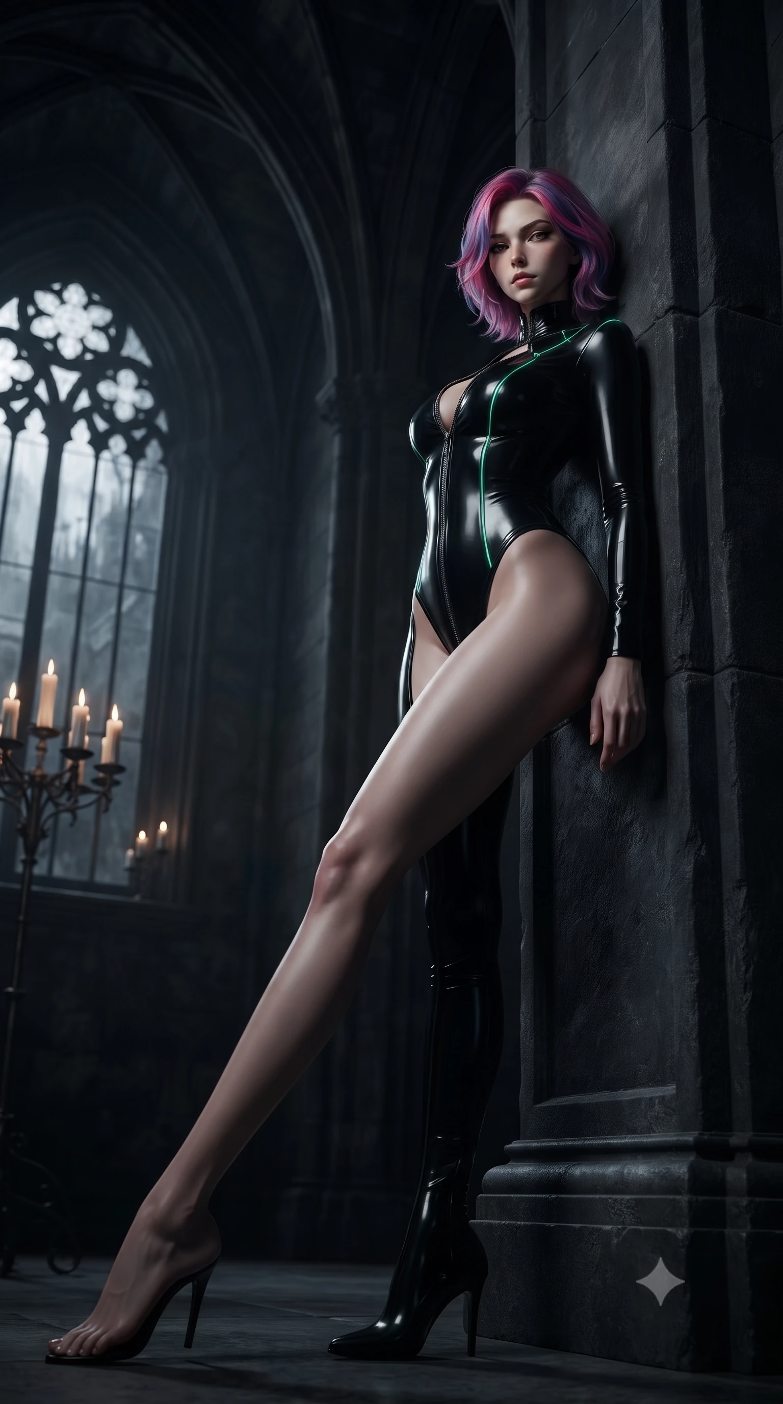 score_9, masterpiece, best quality, ultra-detailed, high-budget anime keyframe, editorial fashion photography, tasteful artistic composition, Caucasian woman. low angle full-body shot from head to toe showing her feet, filling the entire 9:16 vertical frame with her statuesque presence, stretching her vertical silhouette. arching her back against the dark stone wall with provocative poise, extending one long slender leg to accentuate her razor-sharp statuesque silhouette while resting against a soaring stone archway with a dangerous, predatory smolder gazing directly into the lens beneath stormy shadows. The surrounding environment is rendered in vivid detail and crisp panoramic clarity. sharp gothic window tracery, flickering candle wax textures, and dark stone arches rendered in high resolution. She has an absolutely perfect, statuesque 8.5-heads proportion, an exceptionally tall and slender model-like female figure with impossibly long slender legs, a toned flat midriff, and an ultra-slim waist. sharp v-shaped jawline, high-bridge nose, intricate jewel-like eyes with depth, thick eyelashes, glossy lips with a natural sheen, flawlessly proportioned anatomical accuracy, strict slender model proportions, natural body alignment, perfectly sculpted long slender limbs, ultra-slim waistline, clean dynamic posture without body distortion. wearing a glossy black second-skin latex bodysuit with high-thigh cuts, exposed clavicle neckline, and gleaming dark zipper details in high-gloss lacquer black and electric emerald highlights, made of liquid metal jersey that clings flawlessly to every contour of her build, accented with glowing fiber-optic seams tracing her collarbones and hip curves in the gloom, the liquid-tight tailored fabric emphasizing every curve of her tall, slender model proportions and sculptured silhouette during dynamic movement. surrounded by a dark, mysterious, and intensely seductive gothic-noir vampire queen aura. ultra-reflective glossy finish, specular highlights, dark metallic sheen, deep chiaroscuro contrast, volumetric dynamic shadow lighting, 2k, ultra detail, master piece, 9:16 ratio