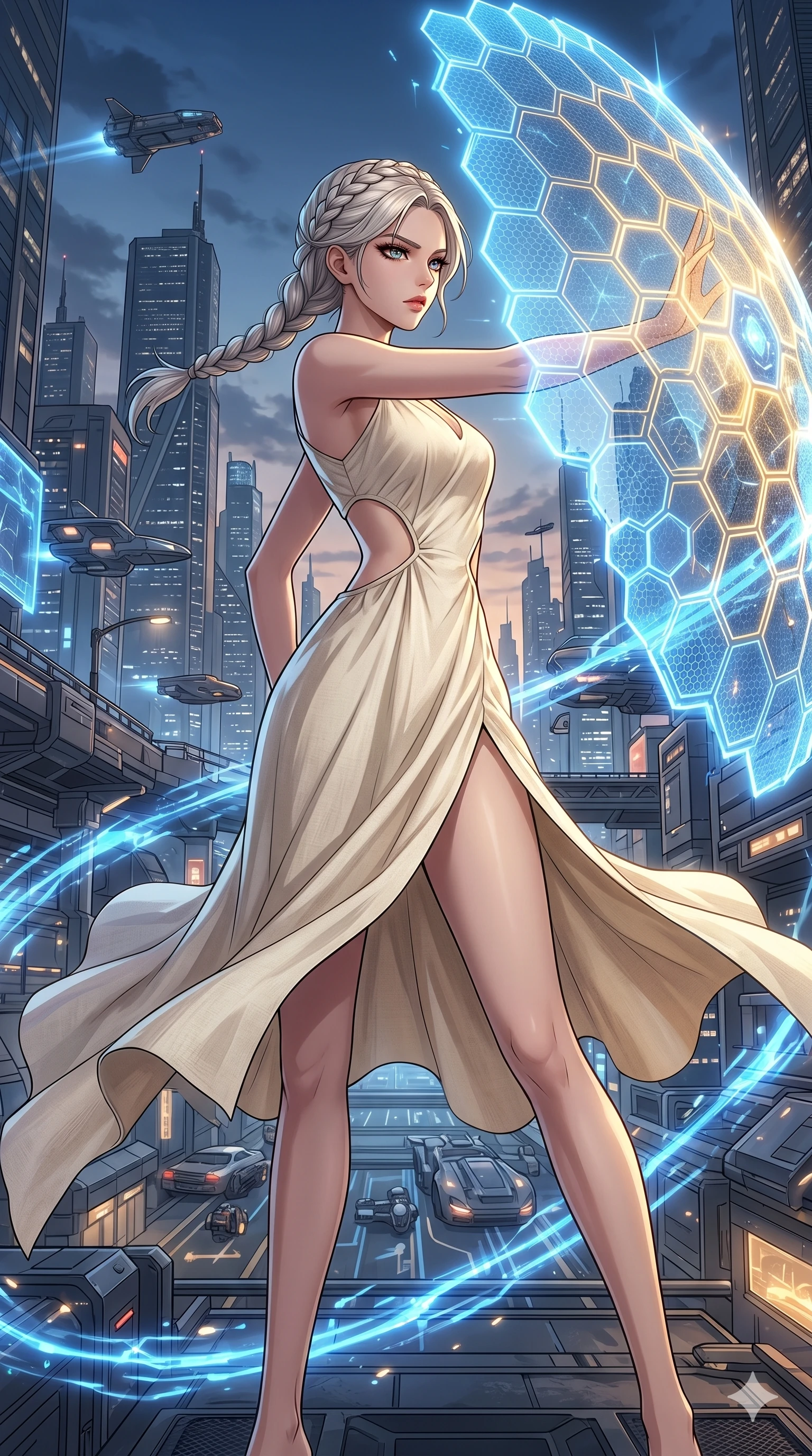 score_9, masterpiece, best quality, ultra-detailed, High-budget Anime Keyframe, beautiful Korean anime girl. Low angle cowboy shot filling the entire 9:16 frame with her statuesque presence. Summoning a shield made of hexagonal energy tiles in a futuristic city battle. She has an absolutely perfect 8-heads proportion, an exceptionally tall and slender female figure with impossibly long slender legs and an ultra-slim waist. Sharp v-shaped jawline, high-bridge nose, intricate jewel-like eyes with depth, thick eyelashes, glossy lips with a natural sheen. Wearing a Seasonal/Resort outfit: cream linen sundress with side cut-outs and a high side slit. Background is a bright and colorful metropolis with glowing blue energy effects and dynamic motion. 2k, ultra detail, master piece, 9:16 ratio