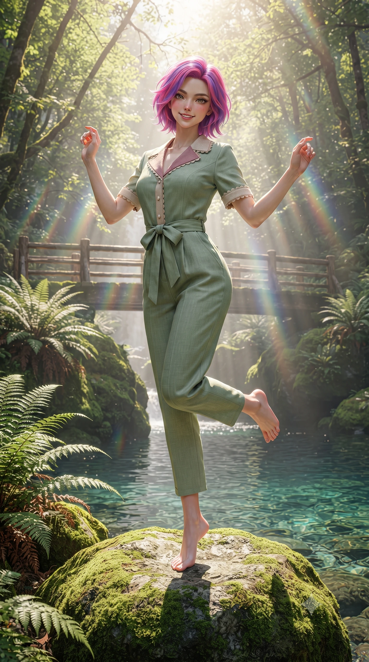 score_9, masterpiece, best quality, ultra-detailed, high-budget anime keyframe, editorial fashion photography, tasteful artistic composition, Caucasian woman. low angle full-body shot from head to toe showing her feet, filling the entire 9:16 vertical frame with her statuesque presence, stretching her vertical silhouette. standing poised on one leg with a playful hop and joyful expression, her long legs and slender figure highlighted against the landscape while resting gracefully on an emerald moss-covered boulder by a tranquil natural pool, smiling warmly at the viewer. The surrounding environment is rendered in vivid detail and crisp panoramic clarity. intricate fern fronds, rustic cedar bridge railings, and sun-dappled forest canopy in high resolution. She has an absolutely perfect, statuesque 8.5-heads proportion, an exceptionally tall and slender model-like female figure with impossibly long slender legs, a toned flat midriff, and an ultra-slim waist. sharp v-shaped jawline, high-bridge nose, intricate jewel-like eyes with depth, thick eyelashes, glossy lips with a natural sheen, pure and lovely fresh girlhood expression, flawlessly proportioned anatomical accuracy, strict slender model proportions, natural body alignment, perfectly sculpted long slender limbs, ultra-slim waistline, clean dynamic posture without body distortion. wearing a relaxed sage green linen jumpsuit with a tied waist sash and folded collar in soft dusty rose and oatmeal beige, tailored from crisp organic cotton poplin, finished with delicate scallop trims and tiny pearl buttons, the body-hugging lightweight knit clinging delicately to her slender torso, accentuating her graceful neck and feminine lines. bathed in ethereal sunbeams piercing through waterfall mist, creating radiant rainbow refractions. ultra-reflective glossy finish, specular highlights, rich natural textures, high-contrast stereoscopic depth, volumetric dynamic lighting, 2k, ultra detail, master piece, 9:16 ratio