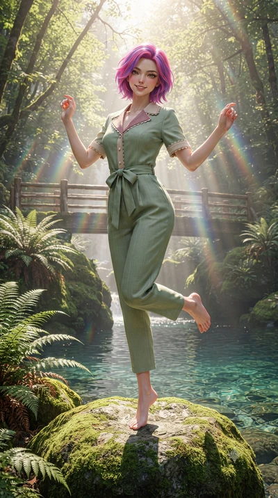 score_9, masterpiece, best quality, ultra-detailed, high-budget anime keyframe, editorial fashion photography, tasteful artistic composition, Caucasian woman. low angle full-body shot from head to toe showing her feet, filling the entire 9:16 vertica