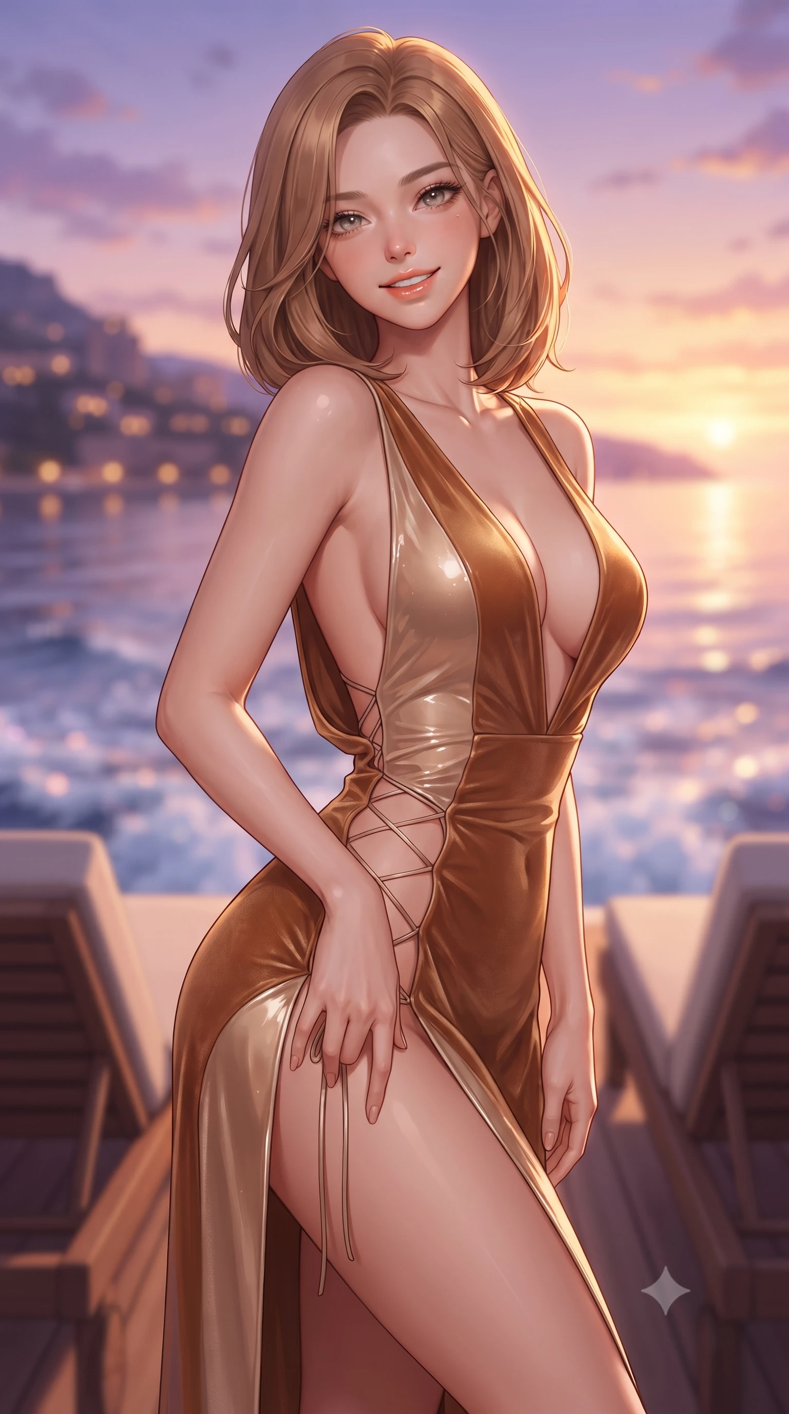 score_9, masterpiece, best quality, ultra-detailed, high-budget anime keyframe, editorial fashion photography, tasteful artistic composition, Korean woman. close-up cowboy shot from the waist and thighs up, the character dominates the composition, filling the frame with her large presence. tilting her head with a teasing half-smile, running one hand slowly down the side of her hip in a flirtatious S-curve as ambient light caresses her silhouette while twisting her slender torso in an alluring contrapposto stance beside the teak sun loungers, golden hour light caressing her sculpted flat midriff and hips. The background shows a soft-focus endless purple and gold sunset horizon over the Côte d'Azur, distant Monaco cliffside lights, and gentle wake ripples blurred into coral, lavender, and sapphire bokeh. She has an exceptionally elegant, slender, and willowy female figure with an ultra-slim waist, flat toned midriff, narrow ribcage, and sculpted feminine hips creating an alluring, slim hourglass silhouette without bulk. sharp v-shaped jawline, high-bridge nose, intricate jewel-like sparkling eyes with depth, thick eyelashes, glossy parted lips with a natural peach sheen, bright cheerful beaming smile with an enchanting and coquettish sensual glint, exuding both youthful cute charm and seductive allure, flawlessly proportioned anatomical accuracy, strict slender model proportions, natural body alignment, perfectly sculpted long slender limbs, ultra-slim waistline, clean dynamic posture without body distortion. wearing a deep plunge-neck stretch velvet gown with a daring thigh-high side slit and open cowl back in warm toasted caramel and shimmering champagne, crafted from wet-look high-gloss vinyl fabric with dazzling specular surface reflections, featuring fine criss-cross lace-up side ties revealing tantalizing glimpses of her hip curve, the form-contouring silhouette accentuating her sculpted flat midriff, narrow delicate ribcage, and gracefully curvy hips with intoxicating allure. bathed in the breathtaking 3000K golden hour sunlight transitioning into saturated crimson-coral twilight. ultra-reflective glossy finish, specular highlights, rich textural contrasts, high-contrast stereoscopic depth, volumetric dynamic lighting, 2k, ultra detail, master piece, 9:16 ratio