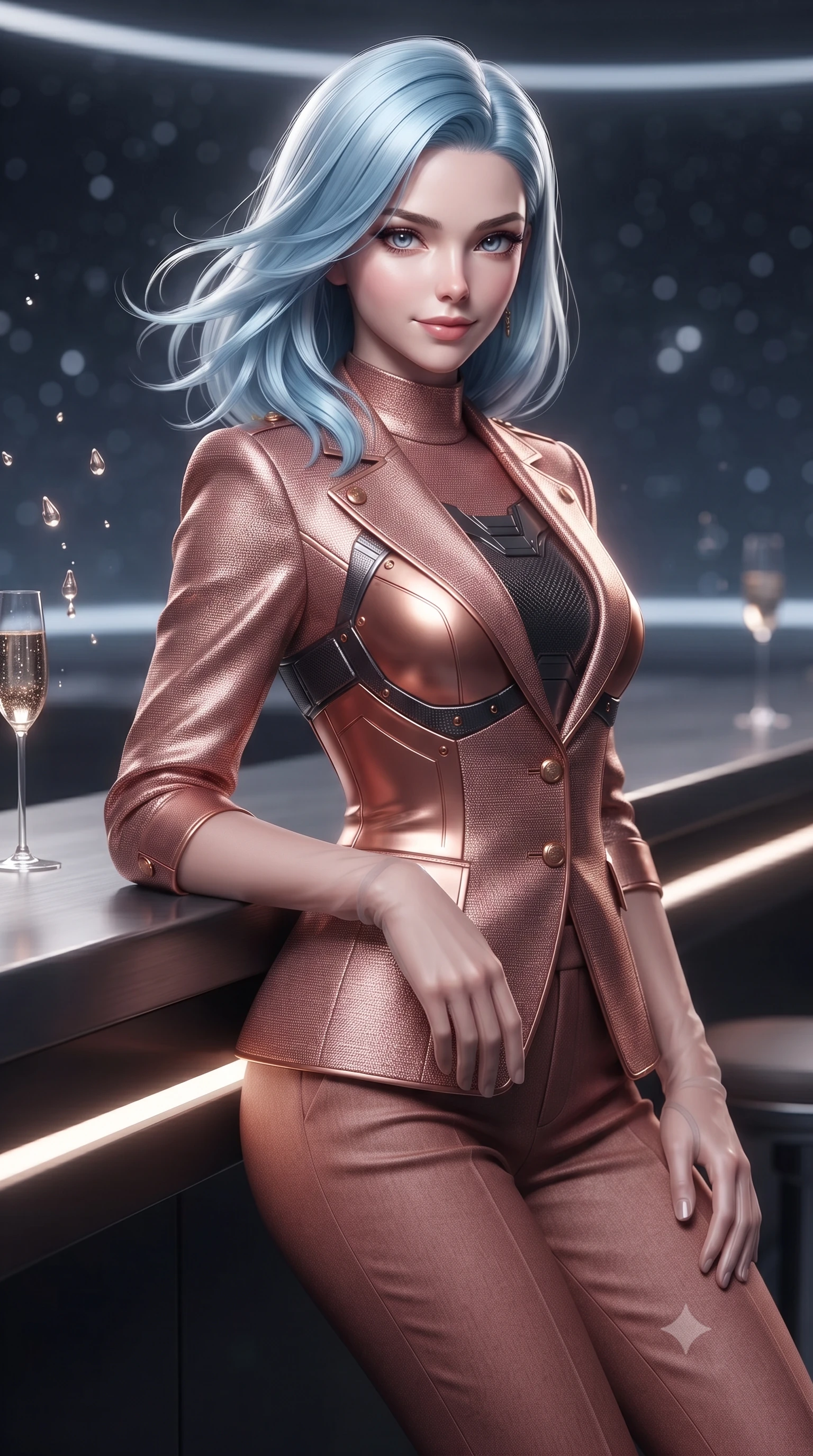 score_9, masterpiece, best quality, ultra-detailed, high-budget anime keyframe, editorial fashion photography, tasteful artistic composition, Korean woman. close-up cowboy shot from the waist and thighs up, the character dominates the composition, filling the frame with her large presence. turning slowly with an enchanting smoldering smile, her glossy hair tossing in the breeze as her hips angle gracefully in a captivating contrapposto while leaning against the brushed obsidian bar counter with hips cocked back, watching floating zero-gravity champagne droplets catch starlight with intoxicating bedroom-eyes. The background shows a soft-focus ambient starlight particulate glow softened in orbital officer sanctuary shallow focus. She has an exceptionally elegant, slender, and willowy female figure with an ultra-slim waist, flat toned midriff, narrow ribcage, and sculpted feminine hips creating an alluring, slim hourglass silhouette without bulk. sharp v-shaped jawline, high-bridge nose, intricate jewel-like sparkling eyes with depth, thick eyelashes, glossy parted lips with a natural peach sheen, bright cheerful beaming smile with an enchanting and coquettish sensual glint, exuding both youthful cute charm and seductive allure, flawlessly proportioned anatomical accuracy, strict slender model proportions, natural body alignment, perfectly sculpted long slender limbs, ultra-slim waistline, clean dynamic posture without body distortion. wearing a structured cyber-infantry dress uniform jacket with carbon-fiber chest plating and brass buttons over a mock-neck top and tailored wool trousers in high-gloss rose-gold and burnished copper, tailored from high-density tech-wool with subtle metallic thread weave, complemented by sheer opera-length evening gloves tracing her slender arms, the impeccably tailored cut draping gracefully along her slender figure with aristocratic poise. illuminated by white polymer floor reflection bounce and sharp platinum rim lights sculpting her jawline, narrow waist, and curvy hips. ultra-reflective glossy finish, specular highlights, rich textural contrasts, high-contrast stereoscopic depth, volumetric dynamic lighting, 2k, ultra detail, master piece, 9:16 ratio