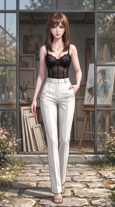 score_9, masterpiece, best quality, ultra-detailed, high-budget anime keyframe, editorial fashion photography, tasteful artistic composition, Korean woman woman. low angle full-body shot from head to toe showing her feet, filling the entire 9:16 vert