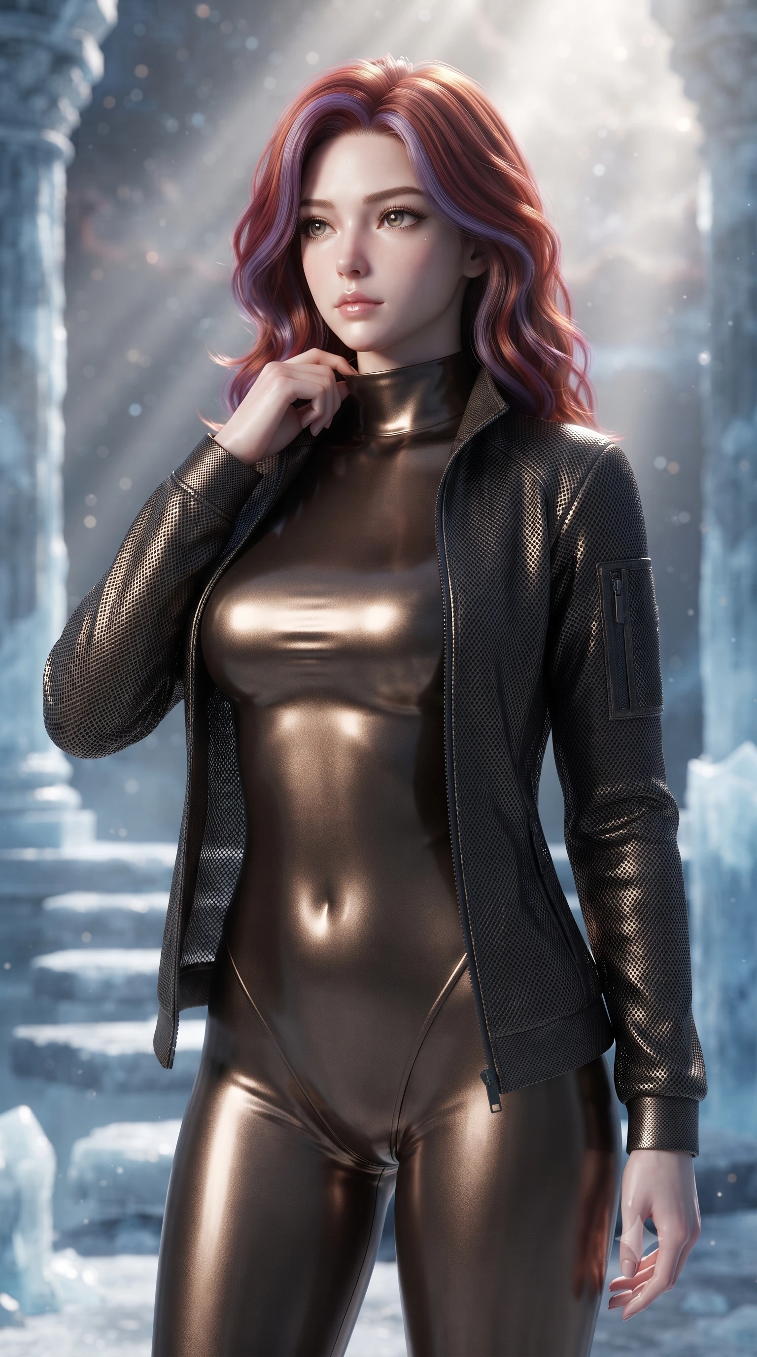 score_9, masterpiece, best quality, ultra-detailed, high-budget anime keyframe, editorial fashion photography, tasteful artistic composition, Caucasian woman. close-up cowboy shot from the waist and thighs up, the character dominates the composition, filling the frame with her large presence, background elements kept in soft focus. adjusting the high collar of her body-hugging suit, looking past the camera with quiet, sharp focus and a composed expression, the background shows a soft-focus an ice ruins courtyard with levitating stone steps and ice columns. She has an exceptionally elegant, slender, and willowy female figure with an ultra-slim waist, a gracefully sculpted slender torso, and a refined silhouette. sharp v-shaped jawline, high-bridge nose, intricate jewel-like eyes with depth, thick eyelashes, glossy lips with a natural sheen. wearing a slim-fit form-fitting high-neck bodysuit in dark bronze, worn under a tailored open carbon-mesh tactical jacket. dappled sunlight filtering through cosmic dust clouds, creating light rays. ultra-reflective glossy finish, specular highlights, metallic sheen, high-contrast stereoscopic depth, volumetric dynamic lighting, 2k, ultra detail, master piece, 9:16 ratio