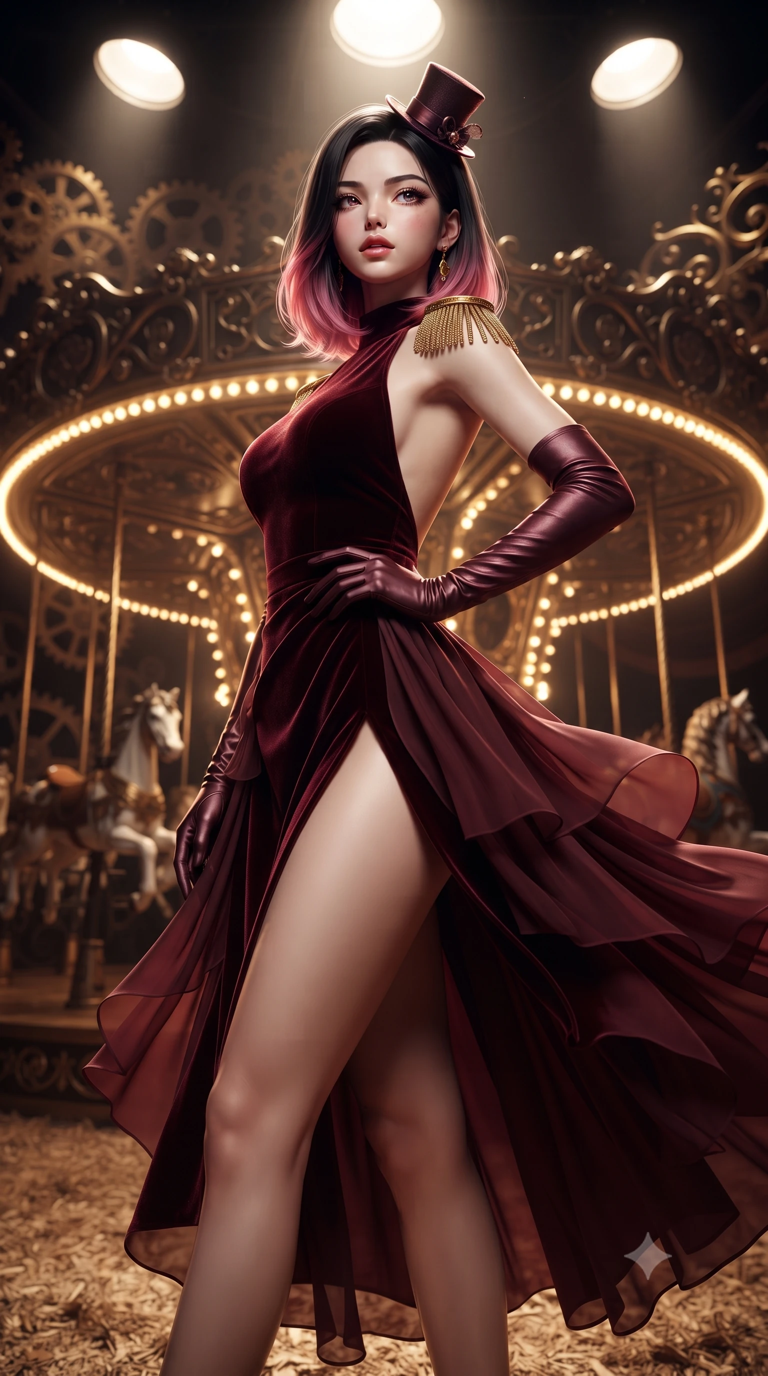 score_9, masterpiece, best quality, ultra-detailed, high-budget anime keyframe, editorial fashion photography, tasteful artistic composition, Korean woman. close-up cowboy shot from the waist and thighs up, the character dominates the composition, filling the frame with her large presence. tilting her chin up with proud, sovereign allure while gazing through thick eyelashes, one hand resting on her waist in pure supermodel charisma while pivoting dynamically on the sawdust arena floor, her tailored garments fluttering to accentuate her statuesque hips and long slender legs. The surrounding environment is rendered in vivid detail and crisp panoramic clarity. intense theatrical chiaroscuro and decadent dark carnival aesthetics rendered with precision. She has an exceptionally elegant, slender, and willowy female figure with an ultra-slim waist, a gracefully sculpted slender torso, toned flat midriff, and rounded feminine hips creating an alluring hourglass silhouette. sharp v-shaped jawline, high-bridge nose, intricate jewel-like eyes with depth, thick eyelashes, glossy parted lips with a natural sheen, intensely captivating and seductive bedroom-eyes expression, flawlessly proportioned anatomical accuracy, strict slender model proportions, natural body alignment, perfectly sculpted long slender limbs, ultra-slim waistline, clean dynamic posture without body distortion. wearing a backless silk velvet cocktail dress featuring an ultra-high side slit and gold epaulets in antique burgundy wine and shimmering gold, woven from layered gossamer chiffon with a weightless sweeping drape, accessorized with opera-length satin gloves and a miniature top-hat fascinator, the glove-like aerodynamic silhouette tightly following the natural contour of her hips and long slender legs with statuesque precision. bathed in dramatic overhead circular spotlight beams and warm golden carousel perimeter glow. ultra-reflective glossy finish, specular highlights, rich textural contrasts, high-contrast stereoscopic depth, volumetric dynamic lighting, 2k, ultra detail, master piece, 9:16 ratio