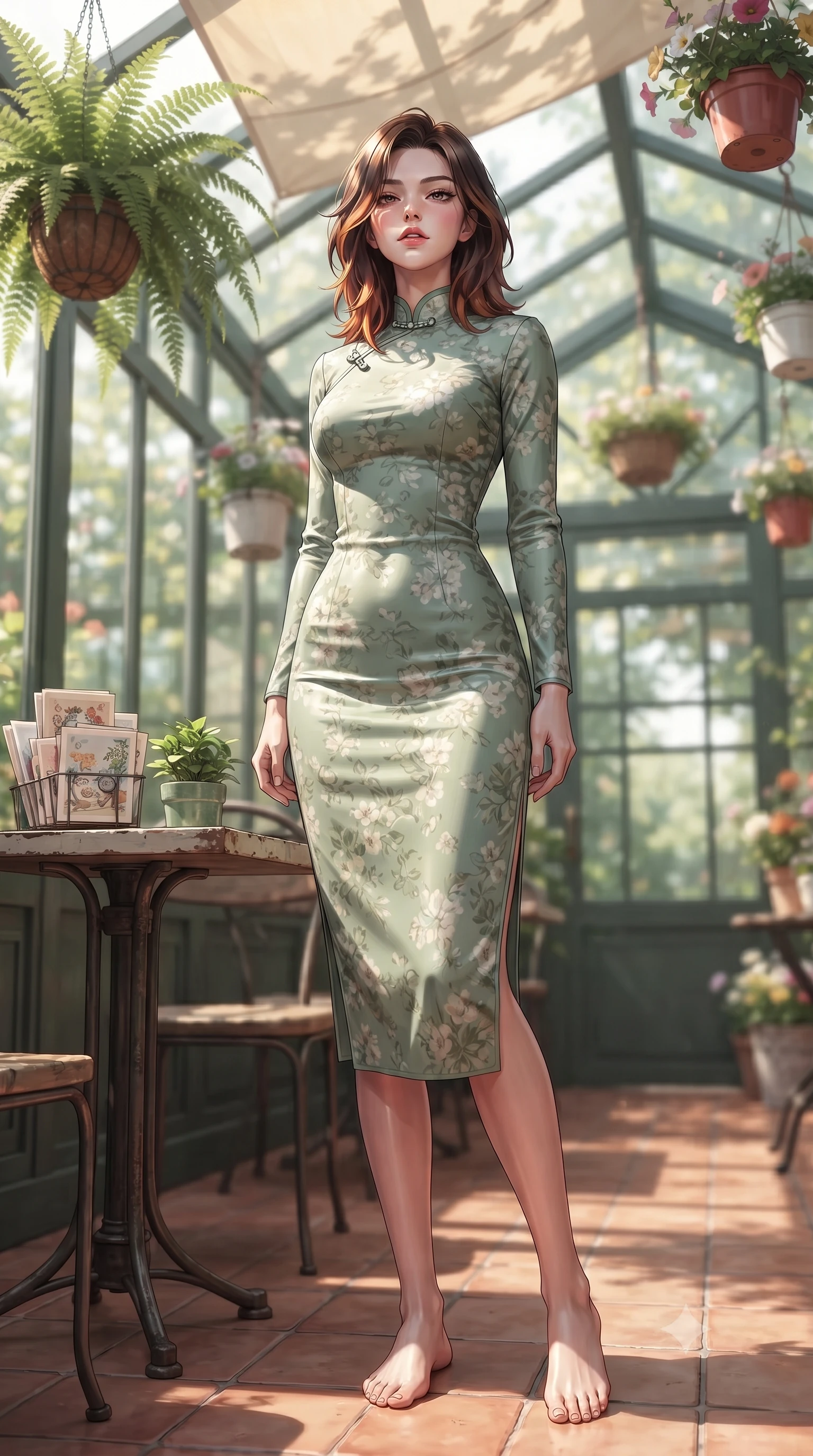 score_9, masterpiece, best quality, ultra-detailed, high-budget anime keyframe, editorial fashion photography, tasteful artistic composition, Korean woman. low angle full-body shot from head to toe showing her feet, filling the entire 9:16 vertical frame with her statuesque presence, stretching her vertical silhouette. standing in a captivating power pose, tilting her chin up with a smoldering, bright expression set against a soft-focus background of in a quiet glass-roofed sunroom cafe filled with hanging ferns and flower pots with a small green plant and a stack of cute design postcards on the table. She has an absolutely perfect, statuesque 8.5-heads proportion, an exceptionally tall and slender model-like female figure with impossibly long slender legs and an ultra-slim waist. sharp v-shaped jawline, high-bridge nose, intricate jewel-like eyes with depth, thick eyelashes, glossy lips with a natural sheen. wearing body-hugging lovely floral print midi dress in sage green, featuring a high collar and long sleeves. dappled sunlight filtering through the outdoor awning onto her face. ultra-reflective glossy finish, specular highlights, metallic sheen, high-contrast stereoscopic depth, volumetric dynamic lighting, 2k, ultra detail, master piece, 9:16 ratio
