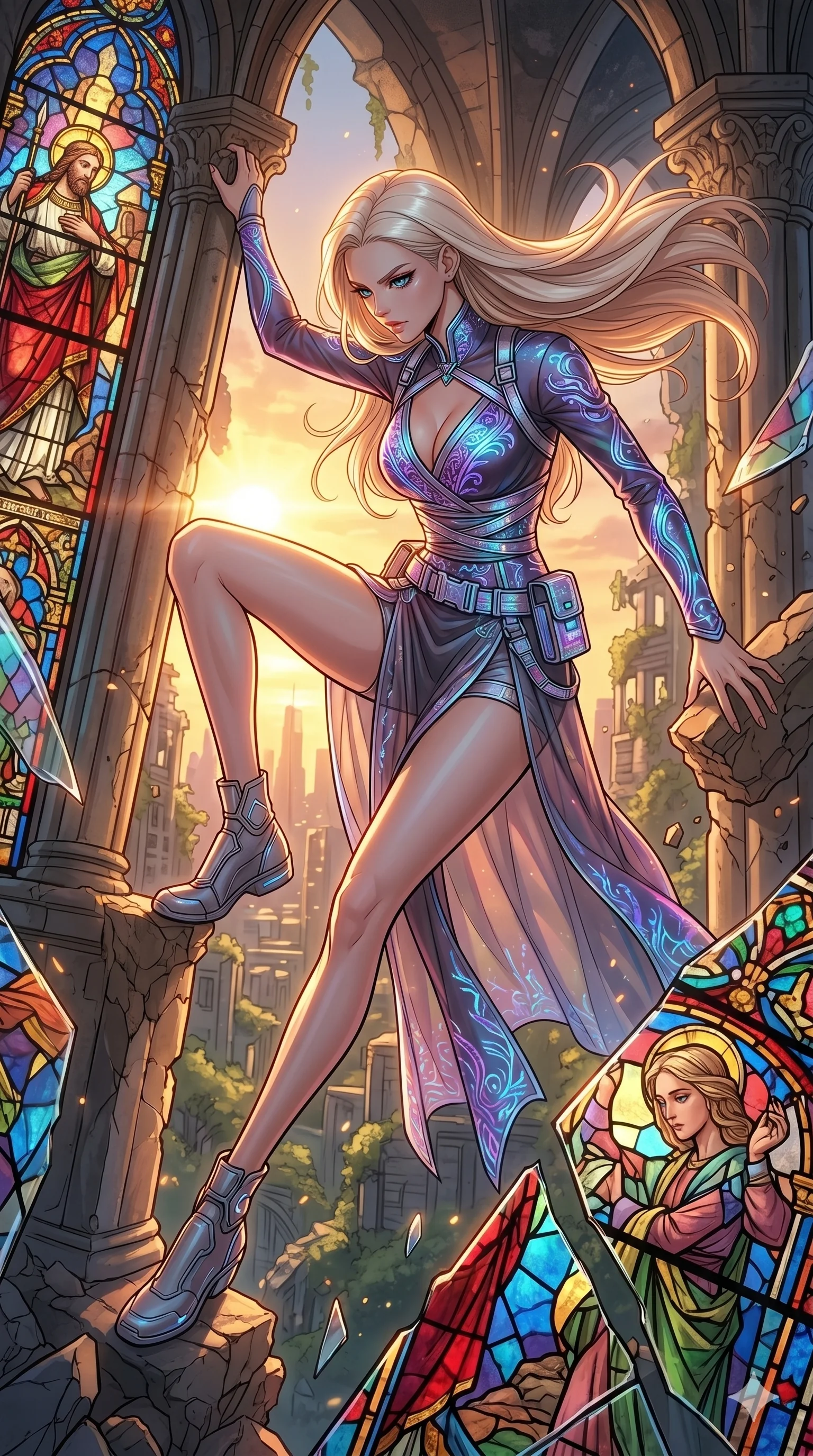 score_9, masterpiece, best quality, ultra-detailed, high-budget anime movie keyframe, cinematic anime lighting, intricate line art, Korean woman. Dynamic full-body shot stretching the vertical silhouette across the 9:16 frame. exploring lost ruins in a shattered stained glass cathedral during a golden sunset. She has an absolutely perfect 8-heads proportion, an exceptionally tall and slender female figure with an ultra-slim waist and impossibly long slender legs. sharp v-shaped jawline, high-bridge nose, intricate jewel-like eyes, thick eyelashes, glossy lips. Wearing modernized deep-plunging silk hanbok-fusion with metallic straps, a high-slit sheer skirt over micro-shorts, and holographic embroidered patterns. The scene is illuminated by dramatic atmospheric lighting and vibrant color palettes. , 2k, ultra detail, master piece, 9:16 ratio