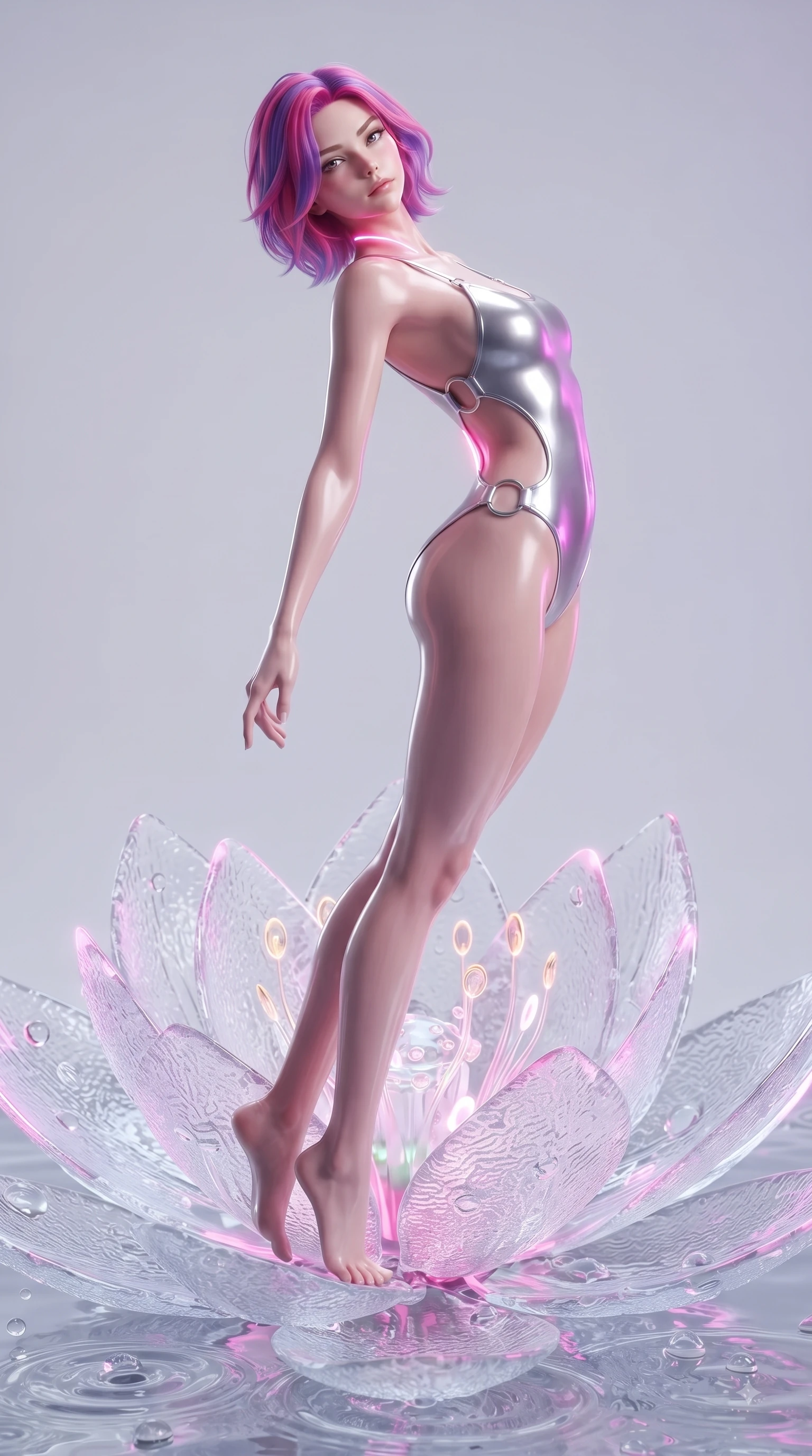 score_9, masterpiece, best quality, ultra-detailed, high-budget anime keyframe, editorial fashion photography, tasteful artistic composition, Caucasian woman. low angle full-body shot from head to toe showing her feet, filling the entire 9:16 vertical frame with her statuesque presence, stretching her vertical silhouette. arching her back in a fluid zero-gravity turn with sovereign grace, her long slender legs and sculpted torso creating a sweeping line while rising with sovereign elegance from the center of a blooming neon-lit glass lotus flower. The surrounding environment is rendered in vivid detail and crisp panoramic clarity. intricate frosted glass petal textures, water droplet ripples, and glowing floral stamens in deep focus. She has an absolutely perfect, statuesque 8.5-heads proportion, an exceptionally tall and slender model-like female figure with impossibly long slender legs and an ultra-slim waist. sharp v-shaped jawline, high-bridge nose, intricate jewel-like eyes with depth, thick eyelashes, glossy lips with a natural sheen, flawlessly proportioned anatomical accuracy, natural body alignment, perfectly sculpted elegant limbs, clean dynamic posture without body distortion. wearing a liquid chrome micro-bodysuit sculpted tightly to her figure, featuring razor-thin metallic straps and an open back in chromatic platinum and blazing neon magenta, crafted from ultra-reflective second-skin latex with a glass-like polish, detailed with polished silver rings connecting the daring side-waist cutouts, the glove-like fit tightly following every curve of her statuesque athletic build. illuminated by soft glowing white ambient lights and sharp pink side key lights tracing her neck and waist. ultra-reflective glossy finish, specular highlights, metallic sheen, high-contrast stereoscopic depth, volumetric dynamic lighting, 2k, ultra detail, master piece, 9:16 ratio