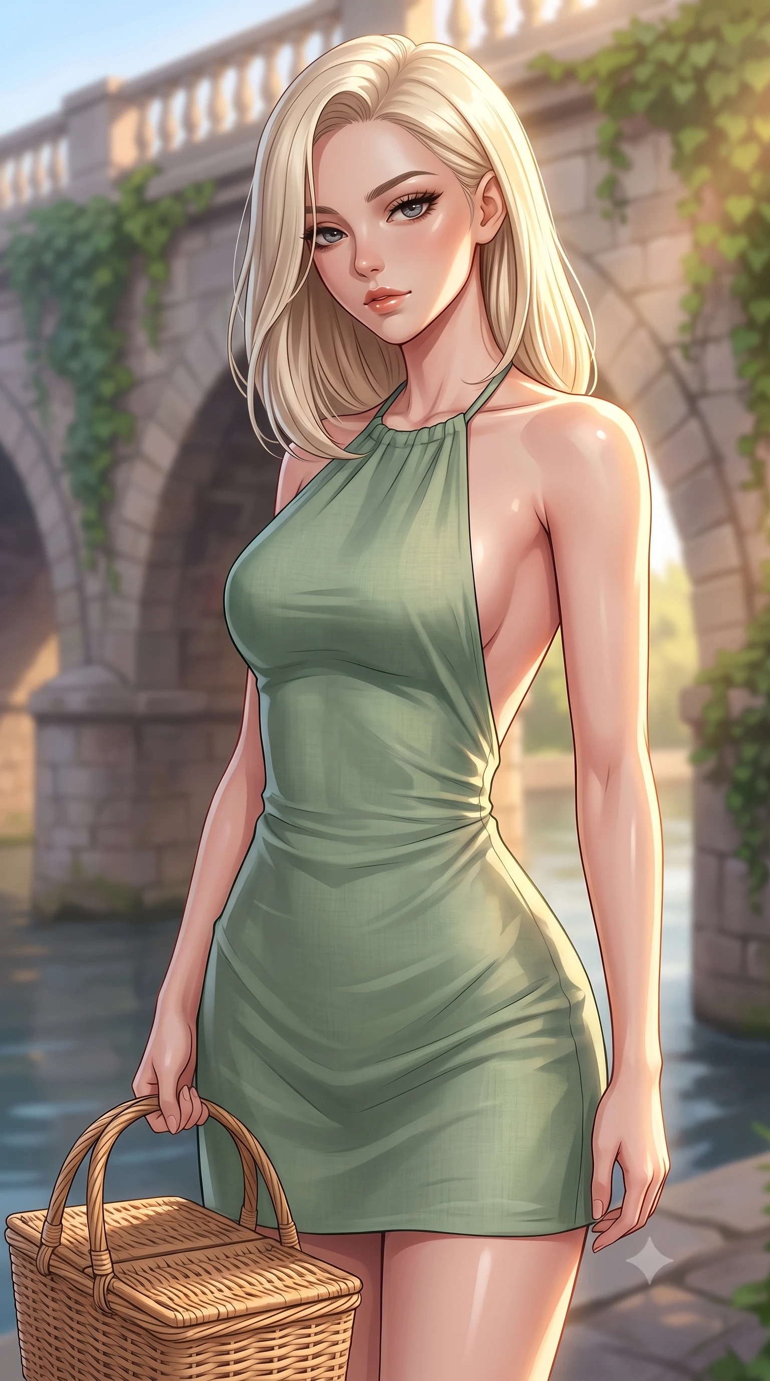 score_9, masterpiece, best quality, ultra-detailed, high-budget anime keyframe, editorial fashion photography, tasteful artistic composition, Caucasian woman. close-up cowboy shot from the waist and thighs up, the character dominates the composition, filling the frame with her large presence, background elements kept in soft focus. looking down at the camera beneath lowered lashes with a quiet, alluring confidence set against a soft-focus background of next to a scenic river bridge with stone arches and green ivy vines holding a woven picnic basket with a bright, cheerful expression. She has an exceptionally elegant, slender, and willowy female figure with an ultra-slim waist, a gracefully sculpted slender torso, and a refined silhouette. sharp v-shaped jawline, high-bridge nose, intricate jewel-like eyes with depth, thick eyelashes, glossy lips with a natural sheen. wearing form-contouring backless linen halter dress in sage green, showing her elegant shoulder lines. volumetric sunset rays casting long warm highlights on her active form. highly saturated vibrant anime colors, detailed shading with soft gradients, rich glossy textures, high-contrast stereoscopic depth, volumetric dynamic lighting, master piece, 9:16 ratio