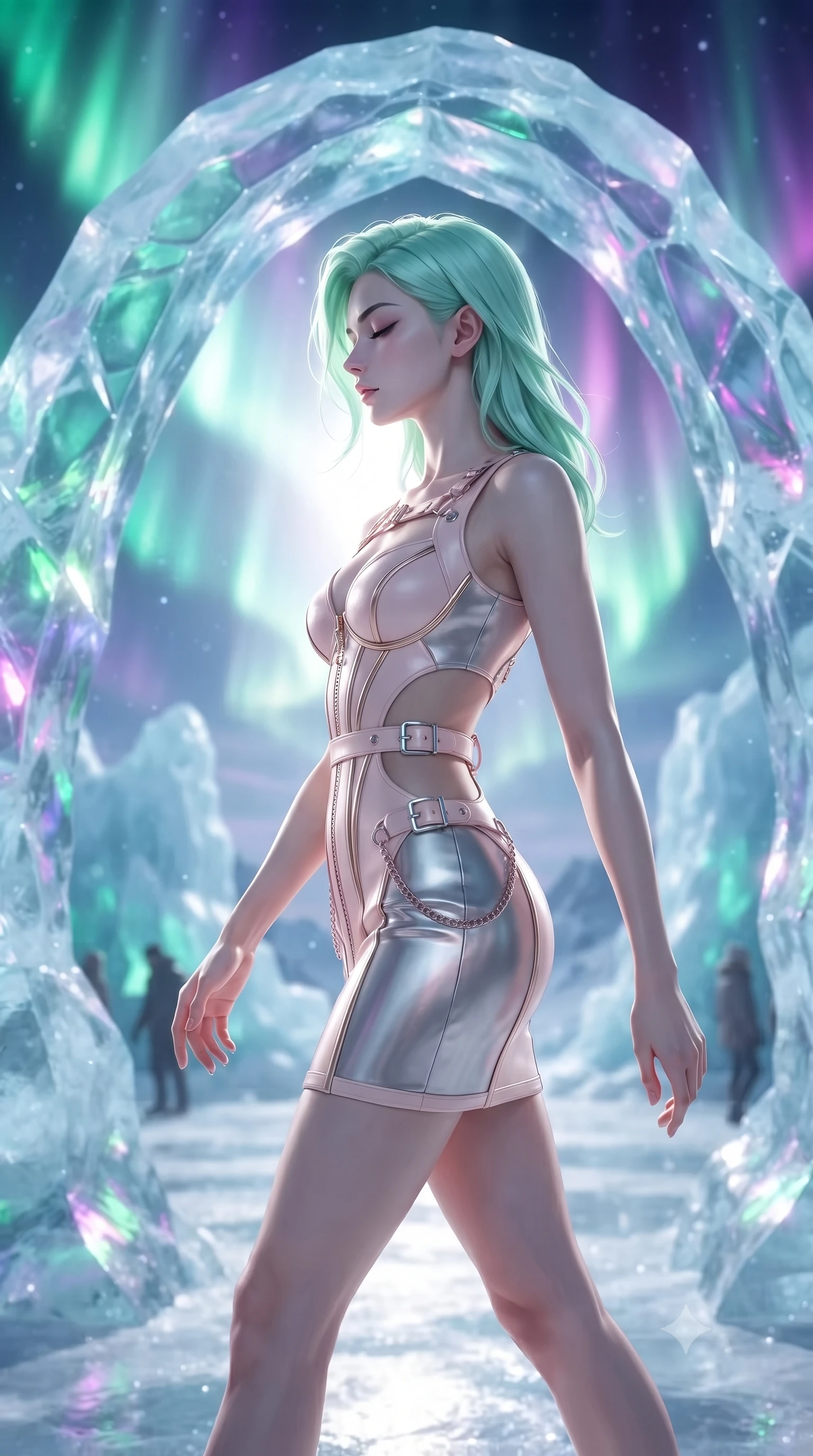 score_9, masterpiece, best quality, ultra-detailed, high-budget anime keyframe, editorial fashion photography, tasteful artistic composition, Japanese woman. close-up cowboy shot from the waist and thighs up, the character dominates the composition, filling the frame with her large presence, background elements kept in soft focus. Turning her face in sharp dramatic profile against the radiant light, walking beneath massive ice arches that refract emerald and violet polar lights, high-contrast ice facets refracting sharp emerald and magenta specular highlights. She has an exceptionally elegant, slender, and willowy female figure with an ultra-slim waist, a gracefully sculpted slender torso, and a refined silhouette. sharp v-shaped jawline, high-bridge nose, intricate jewel-like eyes with depth, thick eyelashes, glossy lips with a natural sheen. wearing architectural cut-out pale pink leather mini dress with sculpted gold boning in soft blush pink, made of liquid mercury jersey, framed by polished silver buckles and delicate chain details, sculpting her athletic slender build with refined precision. lit by intense aurora key light cutting through clear translucent ice. ultra-reflective glossy finish, specular highlights, metallic sheen, high-contrast stereoscopic depth, volumetric dynamic lighting, 2k, ultra detail, master piece, 9:16 ratio