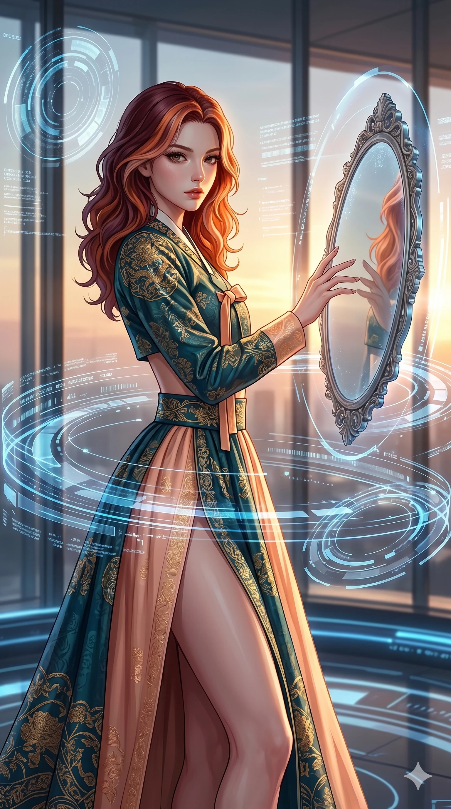 score_9, masterpiece, best quality, ultra-detailed, high-budget anime keyframe, editorial fashion photography, tasteful artistic composition, Caucasian woman, strictly human ears. cowboy shot from the thighs up, character and outfit filling the frame for maximum editorial presence. reaching a hand toward a floating mirror, looking at the camera in a digital room with rotating holographic rings (Code-P17-098). She has an absolutely perfect 8-heads proportion, an exceptionally tall and slender female figure with impossibly long slender legs and an ultra-slim waist. V-shaped jawline, high-bridge nose, intricate jewel-like eyes with depth, thick eyelashes, glossy lips with a natural sheen. wearing a fusion hanbok with an exposed waist and high-slit skirt. golden sunset light streaming through the window, outlining her high-bridge nose and lips. 2k, ultra detail, master piece, 9:16 ratio