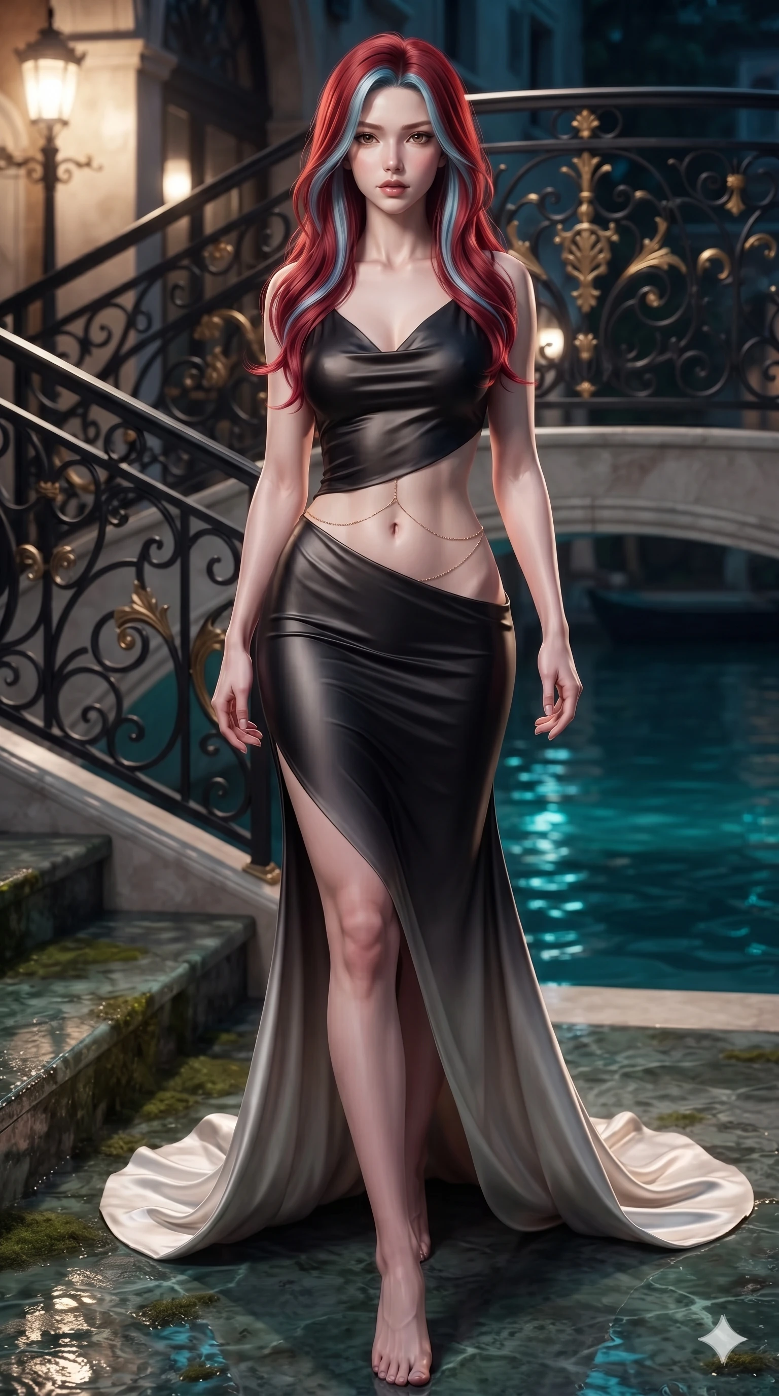 score_9, masterpiece, best quality, ultra-detailed, high-budget anime keyframe, editorial fashion photography, tasteful artistic composition, Caucasian woman. low angle full-body shot from head to toe showing her feet, filling the entire 9:16 vertical frame with her statuesque presence, stretching her vertical silhouette. stepping slowly toward the camera with hypnotic grace, hips swaying in an alluring sensual rhythm that accentuates her curvy hourglass silhouette and long slender legs while twisting her slender torso in an alluring S-curve, liquid turquoise canal reflections dancing across her flat midriff and hourglass curves. The surrounding environment is rendered in vivid detail and crisp panoramic clarity: sharp wrought-iron scrollwork with gold accents, wet mossy marble step texture, and crisp water ripple caustic patterns in deep focus. She has an exceptionally tall and slender model-like 8.5-heads proportion, an ultra-slim waist, a flat toned midriff, narrow delicate ribcage, and beautifully sculpted feminine hips creating a graceful, slim hourglass silhouette without any bulky heaviness, with impossibly long slender legs. sharp v-shaped jawline, high-bridge nose, intricate jewel-like eyes with depth, thick eyelashes, glossy parted lips with a natural sheen, intensely captivating and seductive bedroom-eyes expression, flawlessly proportioned anatomical accuracy, strict slender model proportions, natural body alignment, perfectly sculpted long slender limbs, ultra-slim waistline, clean dynamic posture without body distortion. wearing an open-back duchess satin gala gown with dramatic hip-hugging drape and cascading trailing hem in dark onyx black and molten platinum, tailored from liquid silk jersey adhering flawlessly to her slender build, accented with a dainty gold belly chain resting across her flat midriff and curving hips, the form-contouring silhouette accentuating her sculpted flat midriff, narrow delicate ribcage, and gracefully curvy hips with intoxicating allure. bathed in romantic 2600K gaslight lantern radiance mixed with cool nocturnal canal reflections. ultra-reflective glossy finish, specular highlights, rich textural contrasts, high-contrast stereoscopic depth, volumetric dynamic lighting, 2k, ultra detail, master piece, 9:16 ratio