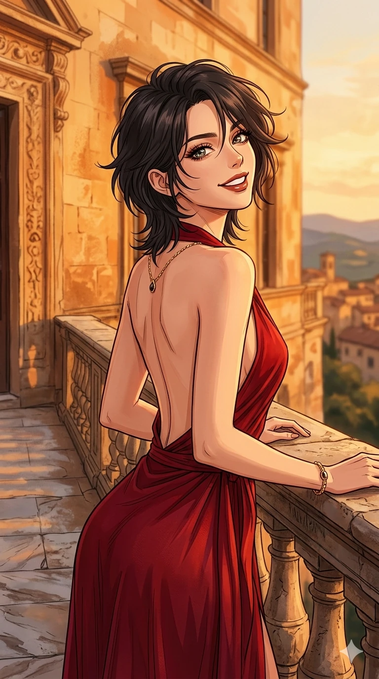 score_9, masterpiece, best quality, ultra-detailed, high-budget anime keyframe, editorial fashion photography, tasteful artistic composition, Caucasian woman, strictly human ears. cowboy shot from the thighs up, character and outfit filling the frame for maximum editorial presence. looking back over her shoulder with a bright, confident smile leaning on a stone balustrade of a classic palace terrace. She has an absolutely perfect 8-heads proportion, an exceptionally tall and slender female figure with impossibly long slender legs and an ultra-slim waist. V-shaped jawline, high-bridge nose, intricate jewel-like eyes with depth, thick eyelashes, glossy lips with a natural sheen. wearing a red wrap dress with a deep plunging collar and an open-back design. bathed in warm golden hour light, with the stone palace walls glowing in the background. 2k, ultra detail, master piece, 9:16 ratio