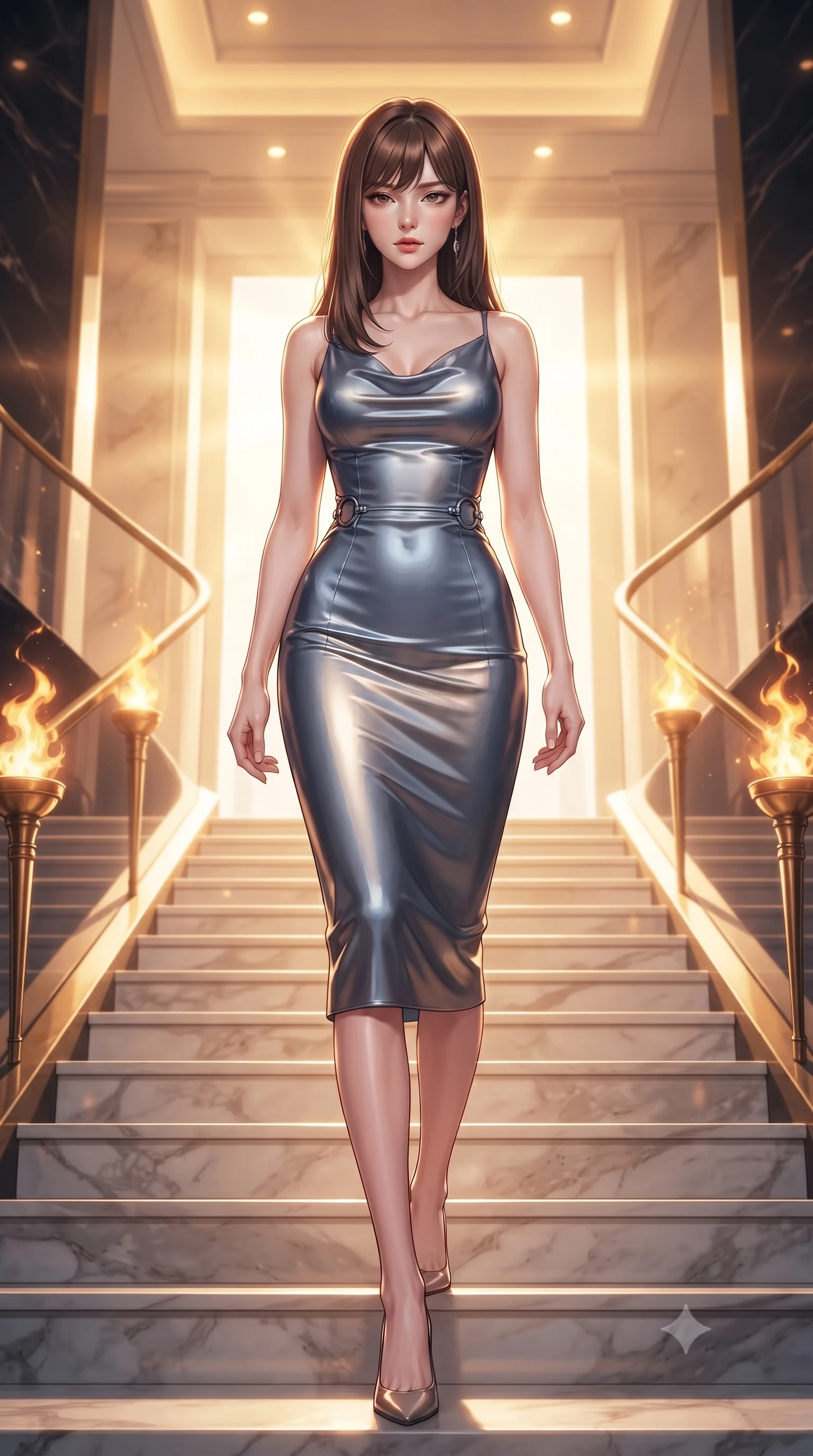score_9, masterpiece, best quality, ultra-detailed, high-budget anime keyframe, editorial fashion photography, tasteful artistic composition, Korean woman. low angle full-body shot from head to toe showing her feet, filling the entire 9:16 vertical frame with her statuesque presence, stretching her vertical silhouette. navigating the luminous space with effortless poise, displaying her perfect model proportions descending a grand marble staircase flanked by golden torch flames at dusk, golden hour sunbursts creating a majestic rim lighting effect. She has an absolutely perfect, statuesque 8.5-heads proportion, an exceptionally tall and slender model-like female figure with impossibly long slender legs and an ultra-slim waist. sharp v-shaped jawline, high-bridge nose, intricate jewel-like eyes with depth, thick eyelashes, glossy lips with a natural sheen. wearing an elegant cowl-neck satin midi dress with a draped neckline in slate blue and metallic silver, tailored from high-gloss patent leather, accented with delicate chrome ring hardware framing her waist, the form-contouring material highlighting her ultra-slim waist and long lines. illuminated by soft glowing sunset radiance with dramatic golden rim highlights. highly saturated vibrant anime colors, detailed shading with soft gradients, rich glossy textures, high-contrast stereoscopic depth, volumetric dynamic lighting, master piece, 9:16 ratio