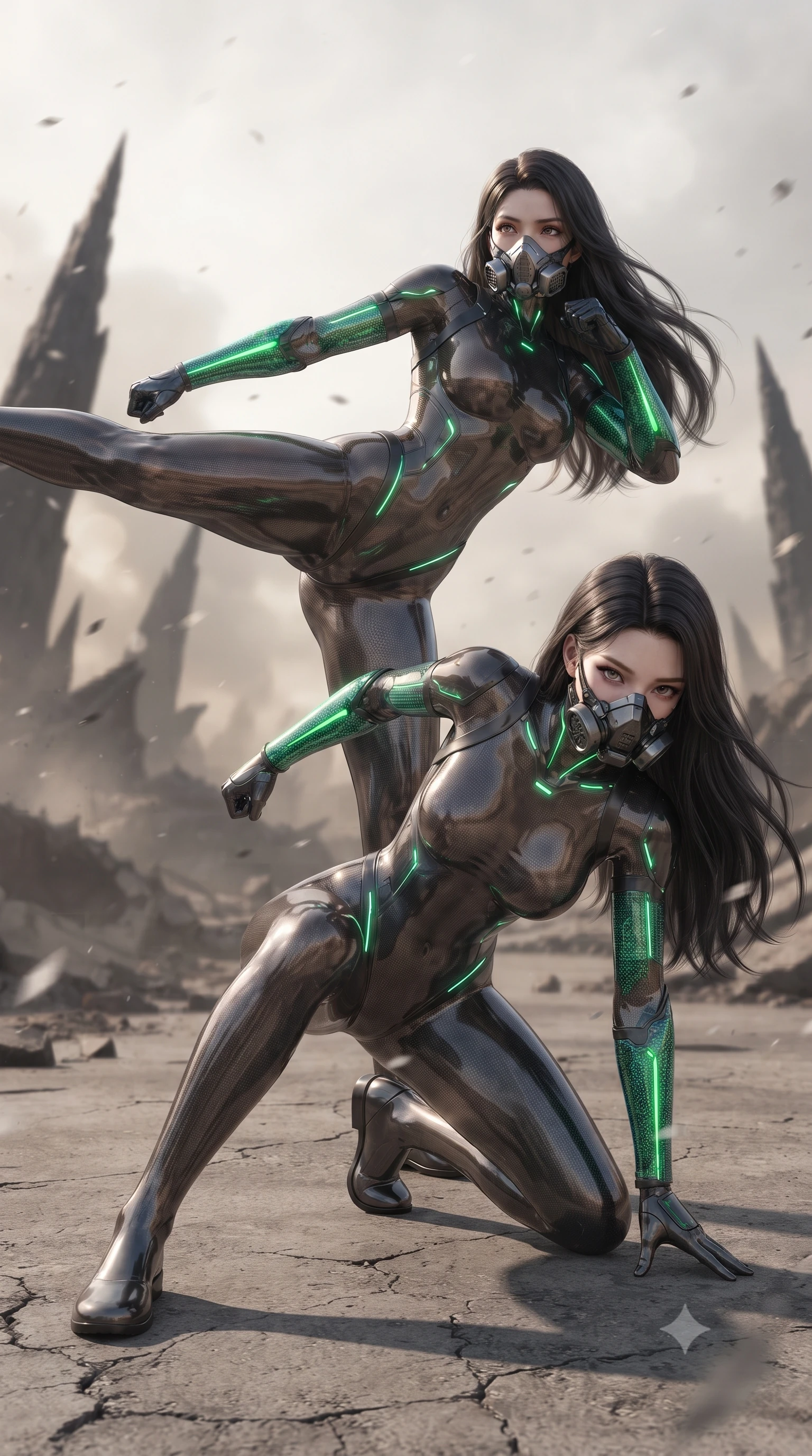 score_9, masterpiece, best quality, ultra-detailed, high-budget anime keyframe, editorial fashion photography, tasteful artistic composition, Korean woman. low angle full-body shot from head to toe showing her feet, filling the entire 9:16 vertical frame with her statuesque presence, stretching her vertical silhouette. pivoting dynamically in a high-speed low sweep kick along the cracked concrete, her athletic torso and ultra-slim waist twisting in a fluid arc of power while kneeling on one knee to inspect the barren earth, looking up with a piercing, majestic gaze through drifting ash flakes. The composition keeps background elements in soft focus with creamy bokeh. jagged obsidian spires and barren wasteland craters softened in dreamy atmospheric depth. She has an absolutely perfect, statuesque 8.5-heads proportion, an exceptionally tall and slender model-like female figure with impossibly long slender legs, a toned flat midriff, and an ultra-slim waist. sharp v-shaped jawline, high-bridge nose, intricate jewel-like eyes with depth, thick eyelashes, glossy lips with a natural sheen, fierce and resolute heroine expression, flawlessly proportioned anatomical accuracy, strict slender model proportions, natural body alignment, perfectly sculpted long slender limbs, ultra-slim waistline, clean dynamic posture without body distortion. wearing a sleek titanium half-face combat rebreather guard protecting her lower jaw while leaving her expressive eyes and long hair flowing freely, paired with a skin-tight dark carbon-weave combat bodysuit with glowing neon energy conduits and reinforced Damascus-pattern forearm strike guards in toxic emerald green carbon composite with glowing lime warning channels, crafted from semi-translucent cybernetic carbon-vinyl interwoven with glowing micro-filaments, complemented by criss-cross back harness straps highlighting her completely bare spine, the sleek second-skin cut tightly hugging her graceful clavicle, narrow waist, and feminine curves with athletic precision. surrounded by a solitary, monumental, and sacredly resilient post-apocalyptic guardian aura. ultra-reflective glossy finish, specular highlights, dark metallic sheen, high-contrast stereoscopic depth, volumetric dynamic lighting, 2k, ultra detail, master piece, 9:16 ratio