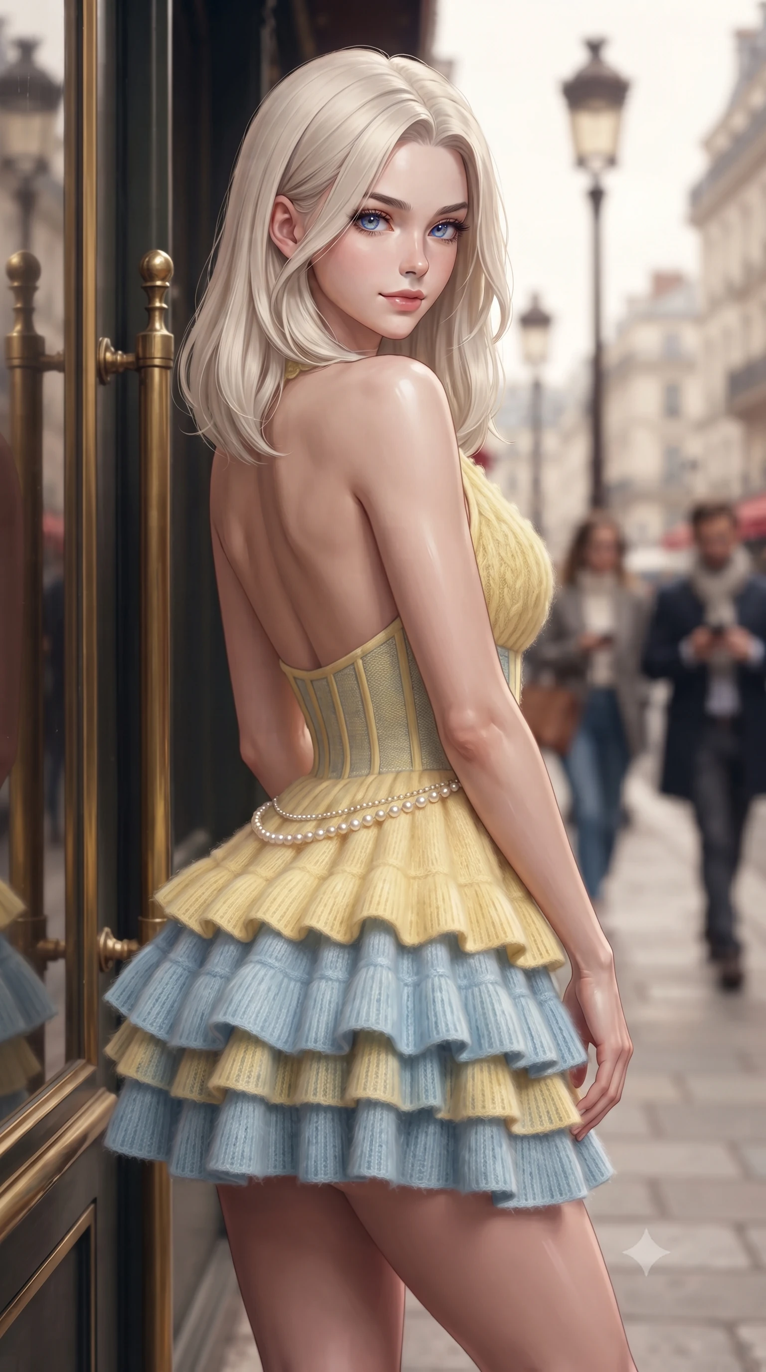 score_9, masterpiece, best quality, ultra-detailed, high-budget anime keyframe, editorial fashion photography, tasteful artistic composition, Caucasian woman. close-up cowboy shot from the waist and thighs up, the character dominates the composition, filling the frame with her large presence. posing in an alluring rear three-quarter angle, turning over a bare shoulder with an intoxicating cute smile, her hips cocked back to highlight her slim hourglass curve while leaning against the cafe's brass-trimmed entrance with hips cocked back, glancing over a bare shoulder with an audacious, chic Parisian gaze. The composition keeps background elements in soft focus with dreamy creamy bokeh. passing stylish pedestrians and vintage streetlamps softened in romantic Parisian shallow focus. She has an exceptionally elegant, slender, and willowy female figure with an ultra-slim waist, flat toned midriff, narrow ribcage, and sculpted feminine hips creating an alluring, slim hourglass silhouette without bulk. sharp v-shaped jawline, high-bridge nose, intricate jewel-like sparkling eyes with depth, thick eyelashes, glossy parted lips with a natural peach sheen, bright cheerful beaming smile with an enchanting and coquettish sensual glint, exuding both youthful cute charm and seductive allure, flawlessly proportioned anatomical accuracy, strict slender model proportions, natural body alignment, perfectly sculpted long slender limbs, ultra-slim waistline, clean dynamic posture without body distortion. wearing a tiered ruffled chiffon mini dress with a fitted corseted waist and open back in sunny daffodil yellow and clear sky blue, crafted from soft cozy cashmere yarn with an airy drape, accented with a dainty pearl waist chain catching the ambient sunlight, the high-waisted tailoring accentuating her ultra-slim waistline and the enchanting curve of her feminine hips with alluring charm. illuminated by warm sidewalk bounce light contouring her sculpted cheekbones, ultra-slim waist, and curvy hips. ultra-reflective glossy finish, specular highlights, rich textural contrasts, high-contrast stereoscopic depth, volumetric dynamic lighting, 2k, ultra detail, master piece, 9:16 ratio