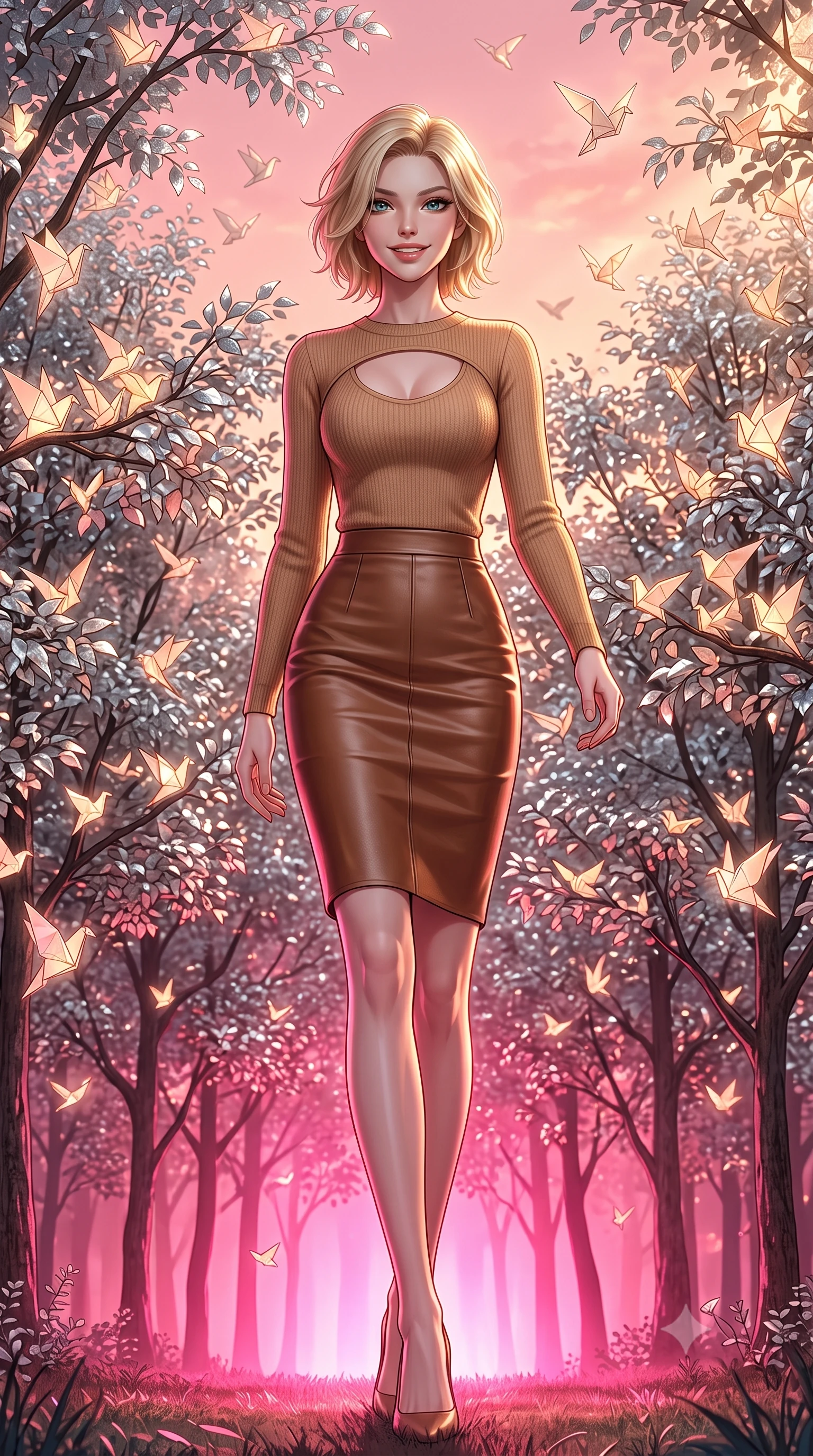 score_9, masterpiece, best quality, ultra-detailed, high-budget anime keyframe, editorial fashion photography, tasteful artistic composition, Caucasian woman, strictly human ears. low angle full-body shot from head to toe showing her feet, filling the entire 9:16 vertical frame with her statuesque presence, stretching her vertical silhouette. stepping elegantly with a warm, welcoming smile through in a forest clearing filled with silver-leaf trees where thousands of glowing paper birds nest and take flight into a pink evening sky. She has a statuesque 8.5-heads proportion, an exceptionally tall, slender and willowy model-like build with impossibly long legs and a highly sculpted ultra-slim waist. sharp v-shaped jawline, high-bridge nose, intricate jewel-like eyes with depth, thick eyelashes, glossy lips with a natural sheen. wearing a camel-colored knit top with a keyhole chest cutout, paired with a brown leather pencil skirt. dramatic contrast of hot pink furnace glow from below and cool golden light from above. 2k, ultra detail, master piece, 9:16 ratio