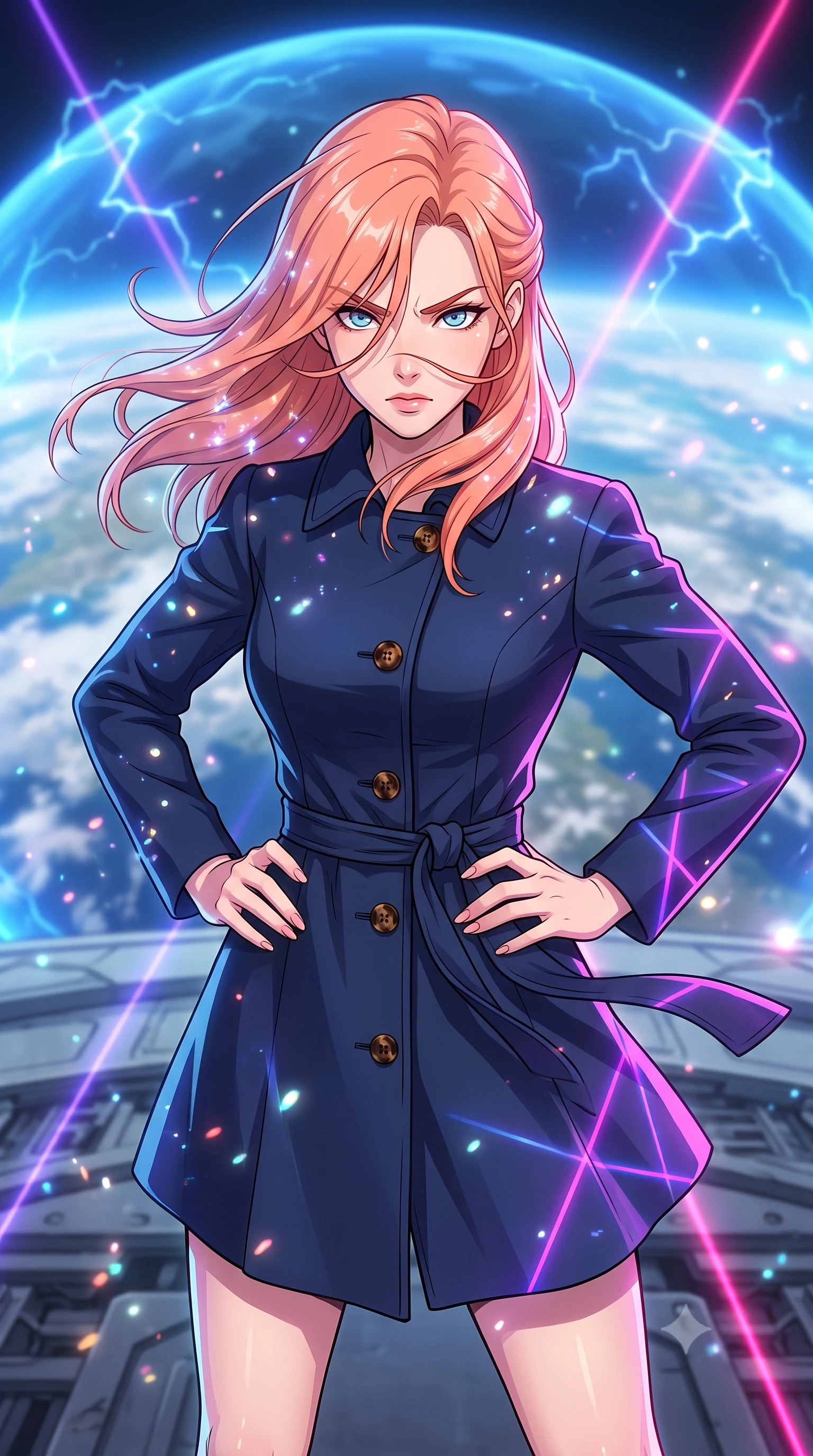 score_9, masterpiece, best quality, ultra-detailed, high-budget anime keyframe, clean line-art, cel-shading, Japanese woman. close-up cowboy shot from the waist and thighs up, the character dominates the composition, filling the frame with her large presence, background elements kept in soft focus. Bracing against a heavy gust of wind, her expression resolute and eyes blazing with power. set against a soft-focus background of a high-altitude platform overlooking earth, where a blue dome shield pulses with defensive energy arcs. She has an exceptionally elegant and slender, willowy female figure with an ultra-slim waist, a gracefully sculpted slender torso, and a refined slim physique. sharp v-shaped jawline, high-bridge nose, intricate jewel-like eyes with depth, thick eyelashes, glossy lips with a natural sheen. wearing catching and diffusing the glowing particles, shimmering softly in response to the surrounding light, a slim-fit sophisticated navy wool coat dress with tortoiseshell buttons and a tailored fabric belt. laser lines of violet and hot pink reflecting off surfaces casting geometric neon highlights. highly saturated vibrant anime colors, intense vivid color palette, volumetric dynamic lighting, 2k, ultra detail, master piece, 9:16 ratio