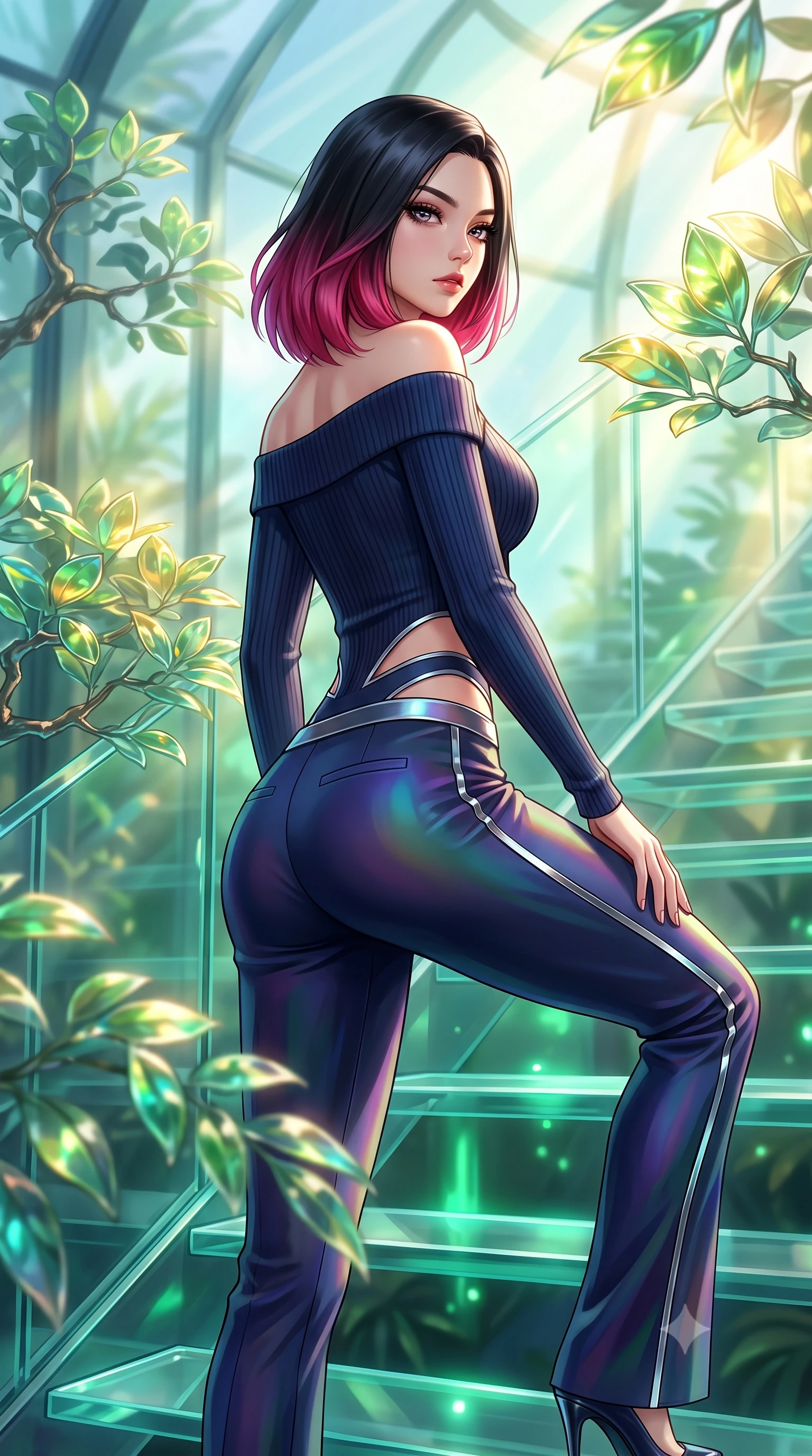 score_9, masterpiece, best quality, ultra-detailed, high-budget anime keyframe, editorial fashion photography, tasteful artistic composition, Korean woman. close-up cowboy shot from the waist and thighs up, the character dominates the composition, filling the frame with her large presence, background elements kept in soft focus. Pivoting sharply while looking back over her shoulder with heavy lashes and a confident, intense gaze while stepping along a vertical glass staircase enveloped by tropical volumetric sunbeams, translucent glass bonsai leaves reflecting vibrant emerald and gold sunbursts. She has an exceptionally elegant, slender, and willowy female figure with an ultra-slim waist, a gracefully sculpted slender torso, and a refined silhouette. sharp v-shaped jawline, high-bridge nose, intricate jewel-like eyes with depth, thick eyelashes, glossy lips with a natural sheen, flawlessly proportioned anatomical accuracy, natural body alignment, perfectly sculpted elegant limbs, clean dynamic posture without body distortion. wearing a sleek off-shoulder ribbed knit top paired with high-waist tailored pants in midnight navy blue and chrome trim, crafted from iridescent chiffon that shifts colors in the light, featuring subtle geometric cutouts that highlight her ultra-slim midriff, the glove-like fit emphasizing her statuesque silhouette during motion. bathed in warm golden sunlight and soft emerald bioluminescent glow. highly saturated vibrant anime colors, detailed shading with soft gradients, rich glossy textures, high-contrast stereoscopic depth, volumetric dynamic lighting, master piece, 9:16 ratio