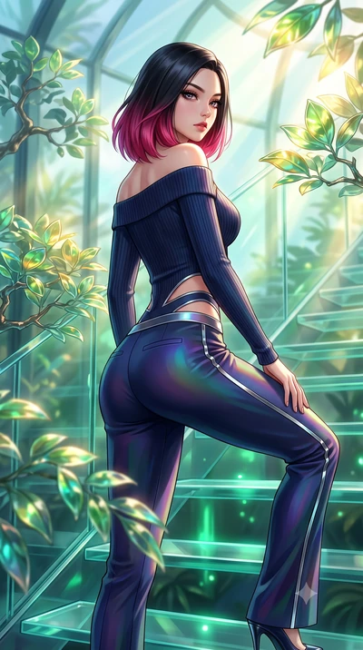 score_9, masterpiece, best quality, ultra-detailed, high-budget anime keyframe, editorial fashion photography, tasteful artistic composition, Korean woman. close-up cowboy shot from the waist and thighs up, the character dominates the composition, fi