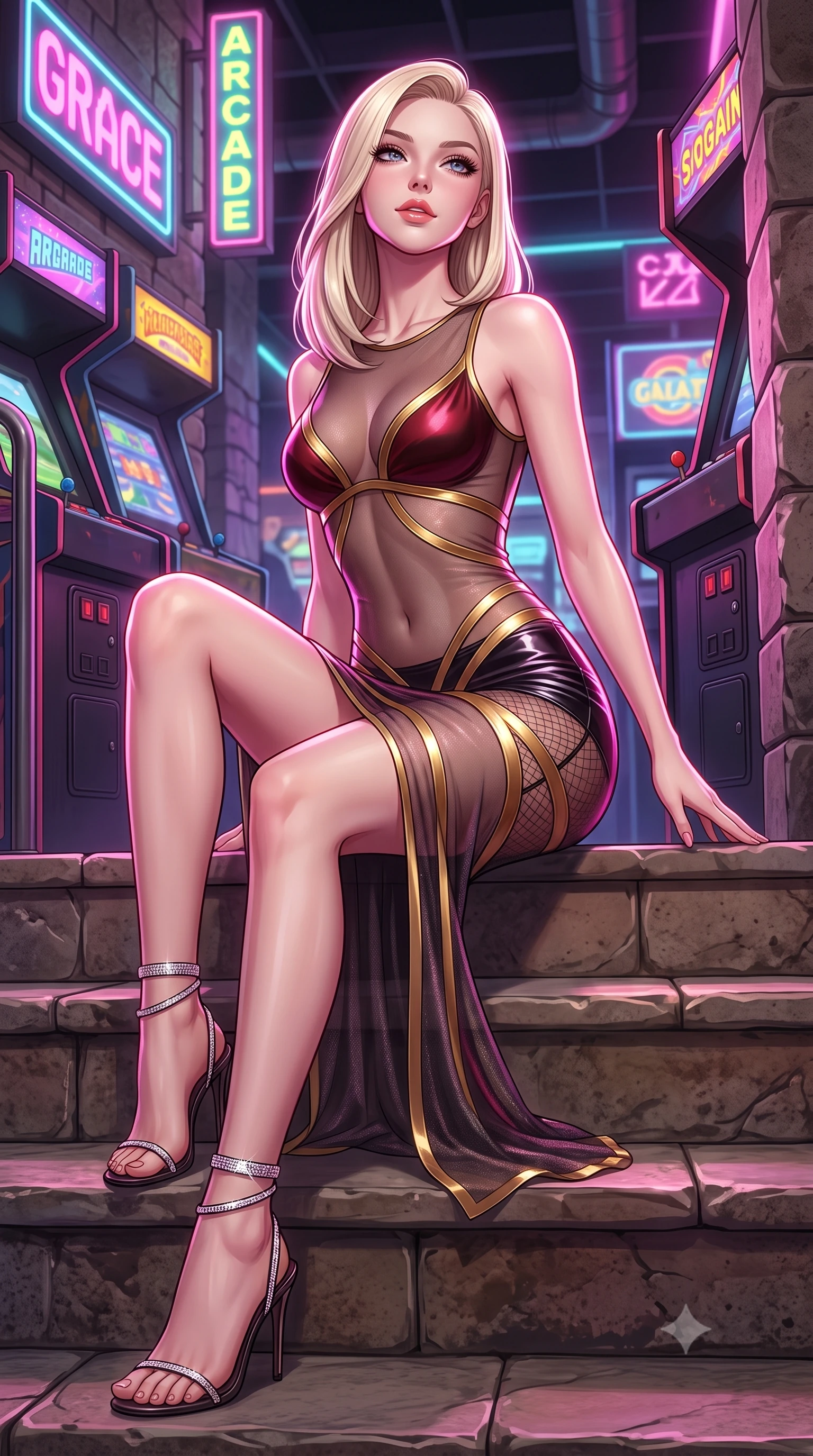 score_9, masterpiece, best quality, ultra-detailed, high-budget anime keyframe, semi-realistic 3D game render, editorial fashion photography, tasteful artistic composition, Caucasian woman. low angle full-body shot from head to toe showing her feet, filling the entire 9:16 vertical frame with her statuesque presence, stretching her vertical silhouette. sitting poised on the stone steps with one knee bent, arching her spine with supermodel elegance as she glances upward through thick eyelashes while twisting her slender torso in an alluring contrapposto stance, kaleidoscope neon reels reflecting across her narrow waist and hips. The surrounding environment is rendered in vivid detail and crisp panoramic clarity: detailed wet-look vinyl hot-pants cling, fishnet stocking texture, and retro-futuristic arcade styling in razor-sharp precision. She has an absolutely perfect, statuesque 8.5-heads proportion, an exceptionally tall and slender model-like female figure with impossibly long slender legs, an ultra-slim waist, a flat toned midriff, narrow delicate ribcage, and beautifully sculpted feminine hips creating a graceful, slim hourglass silhouette without any bulky heaviness. sharp v-shaped jawline, high-bridge nose, sparkling eyes with hypnotic seductive depth, thick curled eyelashes, glossy parted lips with a natural dewy peach sheen, alluring bedroom-eyes with an enchanting coquettish smile, exuding magnetic siren charisma and sophisticated glamour, flawlessly proportioned anatomical accuracy, strict slender model proportions, natural body alignment, perfectly sculpted long slender limbs, ultra-slim waistline, clean dynamic posture without body distortion. wearing a provocative sheer illusion mesh gown with liquid gold ribbons contouring her flat midriff and curvaceous hips in rich cherry lacquer and smoky charcoal with gold piping, woven from stretch metallic lurex jersey casting radiant starlight glints across her silhouette, complemented by strappy stiletto sandals with crystal ankle wraps accentuating her slender calves, the second-skin tailored fabric adhering flawlessly to her sculpted flat midriff and slender torso, emphasizing her long leg lines and perfectly proportioned willowy build. illuminated by coin tray bounce and sharp magenta-gold rim lights sculpting her jawline, flat midriff, and voluptuous hip curves. highly saturated vibrant anime colors, detailed shading with soft gradients, rich glossy textures, high-contrast stereoscopic depth, volumetric dynamic lighting, master piece, 9:16 ratio