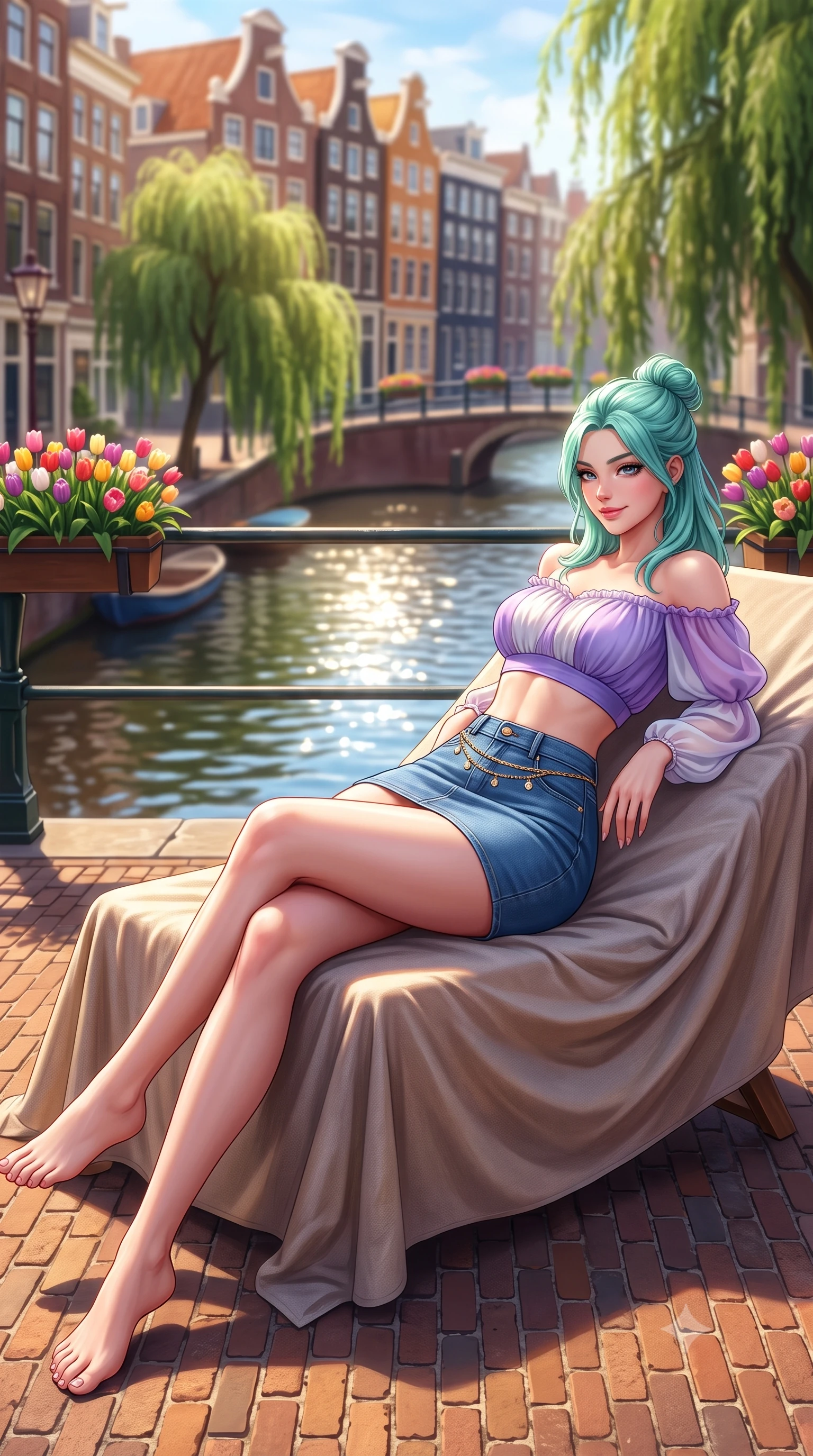 score_9, masterpiece, best quality, ultra-detailed, high-budget anime keyframe, semi-realistic 3D game render, editorial fashion photography, tasteful artistic composition, Japanese woman. low angle full-body shot from head to toe showing her feet, filling the entire 9:16 vertical frame with her statuesque presence, stretching her vertical silhouette. reclining languidly on her side across the sunbed with one knee drawn up, her radiant smile and arched hip curve commanding the 9:16 vertical frame with youthful sensual charisma while sitting on the warm brick bridge ledge with legs crossed, looking over her shoulder with an alluring, playful girlhood charm. The composition keeps background elements in soft focus with dreamy creamy bokeh. historic 17th-century gabled canal houses, weeping canal trees, and tulip flower baskets blurred into terracotta, emerald, and amber bokeh. She has an exceptionally tall and slender model-like 8.5-heads proportion, an ultra-slim waist, a flat toned midriff, narrow delicate ribcage, and beautifully sculpted feminine hips creating a graceful, slim hourglass silhouette without any bulky heaviness, with impossibly long slender legs. sharp v-shaped jawline, high-bridge nose, intricate jewel-like sparkling eyes with depth, thick eyelashes, glossy parted lips with a natural peach sheen, bright cheerful beaming smile with an enchanting and coquettish sensual glint, exuding both youthful cute charm and seductive allure, flawlessly proportioned anatomical accuracy, strict slender model proportions, natural body alignment, perfectly sculpted long slender limbs, ultra-slim waistline, clean dynamic posture without body distortion. wearing an off-shoulder puff-sleeve crop blouse with a tight high-waisted denim A-line mini skirt emphasizing her curvy hips in delicate lavender violet and pearlescent white, tailored from fine lightweight chiffon that flutters gently in the breeze, accented with a delicate gold chain belt resting loosely on her curvy hips, the liquid-tight tailored fabric clinging flawlessly to her narrow waist and rounded feminine hips, emphasizing every millimeter of her sculpted slim hourglass curves without any bulky heaviness. bathed in crisp, sparkling morning sunlight reflecting off calm canal waters. highly saturated vibrant anime colors, detailed shading with soft gradients, rich glossy textures, high-contrast stereoscopic depth, volumetric dynamic lighting, master piece, 9:16 ratio