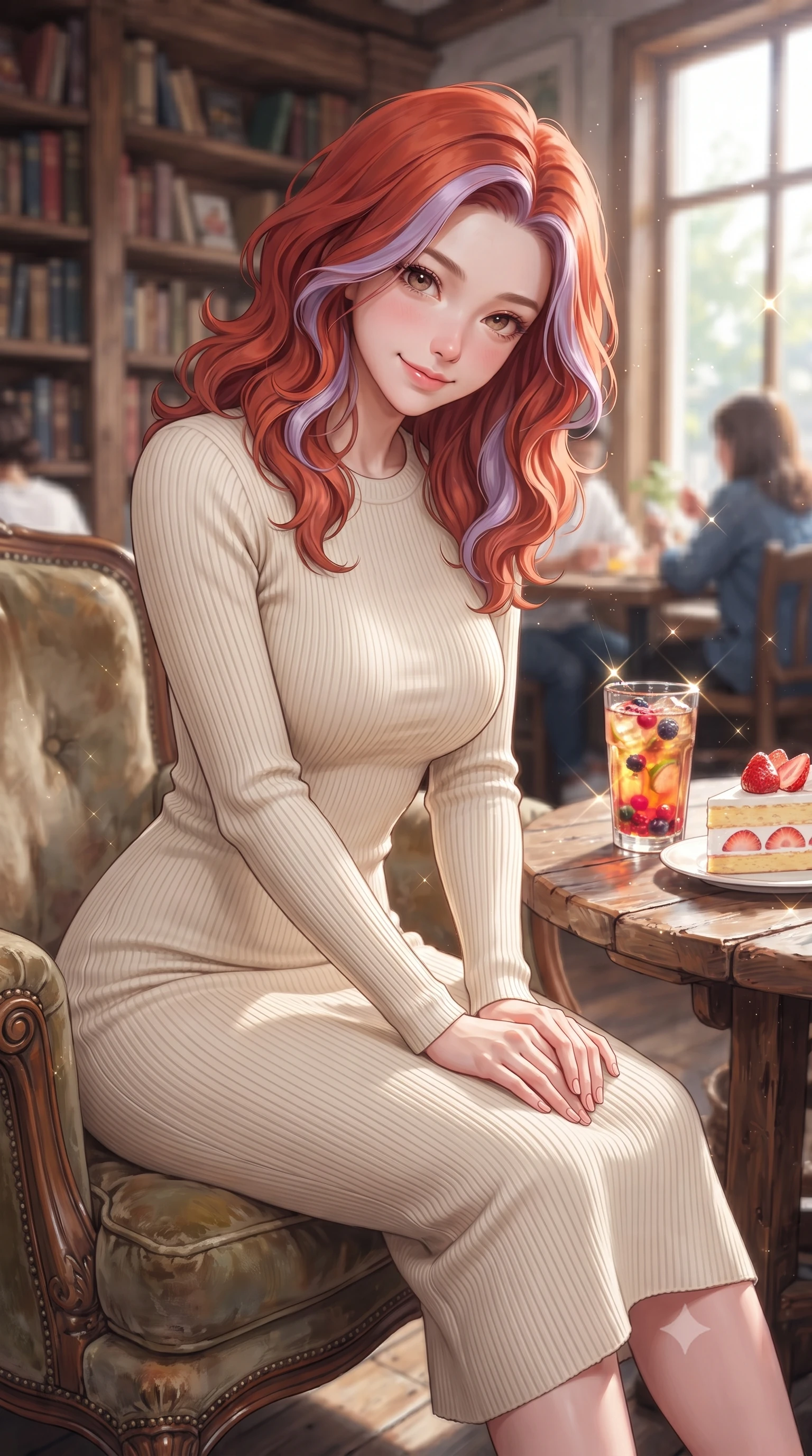 score_9, masterpiece, best quality, ultra-detailed, high-budget anime keyframe, editorial fashion photography, tasteful artistic composition, Caucasian woman. close-up cowboy shot from the waist and thighs up, the character dominates the composition, filling the frame with her large presence, background elements kept in soft focus. tilting her chin down slightly, looking up at the viewer with a sweet, charming smile set against a soft-focus background of in a cozy wooden-themed coffee shop decorated with antique bookshelf walls with a glass of iced fruit tea and a slice of strawberry shortcake nearby. She has an exceptionally elegant, slender, and willowy female figure with an ultra-slim waist, a gracefully sculpted slender torso, and a refined silhouette. sharp v-shaped jawline, high-bridge nose, intricate jewel-like eyes with depth, thick eyelashes, glossy lips with a natural sheen. wearing form-contouring form-fitting ribbed knit dress in cream, contouring her slender silhouette. bright daylight reflecting off the glass table and creating sparkling glints. highly saturated vibrant anime colors, detailed shading with soft gradients, rich glossy textures, high-contrast stereoscopic depth, volumetric dynamic lighting, master piece, 9:16 ratio