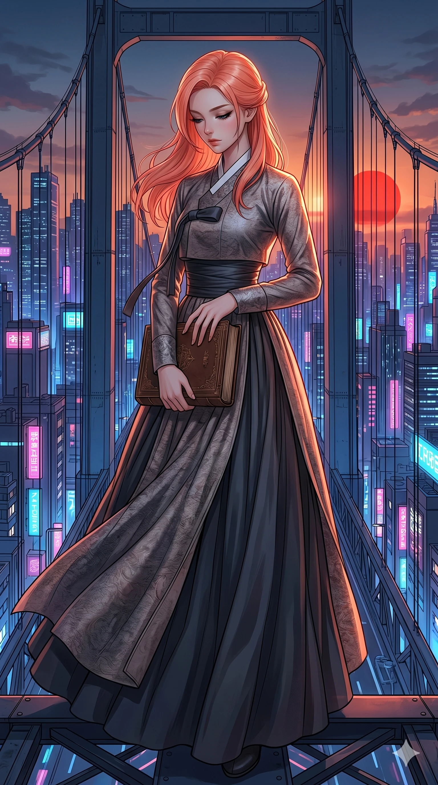 score_9, masterpiece, best quality, ultra-detailed, high-budget anime keyframe, editorial fashion photography, tasteful artistic composition, Japanese woman. cowboy shot from the thighs up, character and outfit filling the frame for maximum editorial presence. holding a heavy book with one hand, looking down with lowered lashes in a thoughtful, composed gesture on a steel suspension bridge overlooking a neon-drenched futuristic metropolis (Code-P17-022). She has an absolutely perfect 8-heads proportion, an exceptionally tall and slender female figure with impossibly long slender legs and an ultra-slim waist. V-shaped jawline, high-bridge nose, intricate jewel-like eyes with depth, thick eyelashes, glossy lips with a natural sheen. wearing a traditional high-neck silk hanbok wrap with a long flowing skirt. dramatic chiaroscuro lighting from the setting red sun, accentuating her statuesque silhouette. 2k, ultra detail, master piece, 9:16 ratio