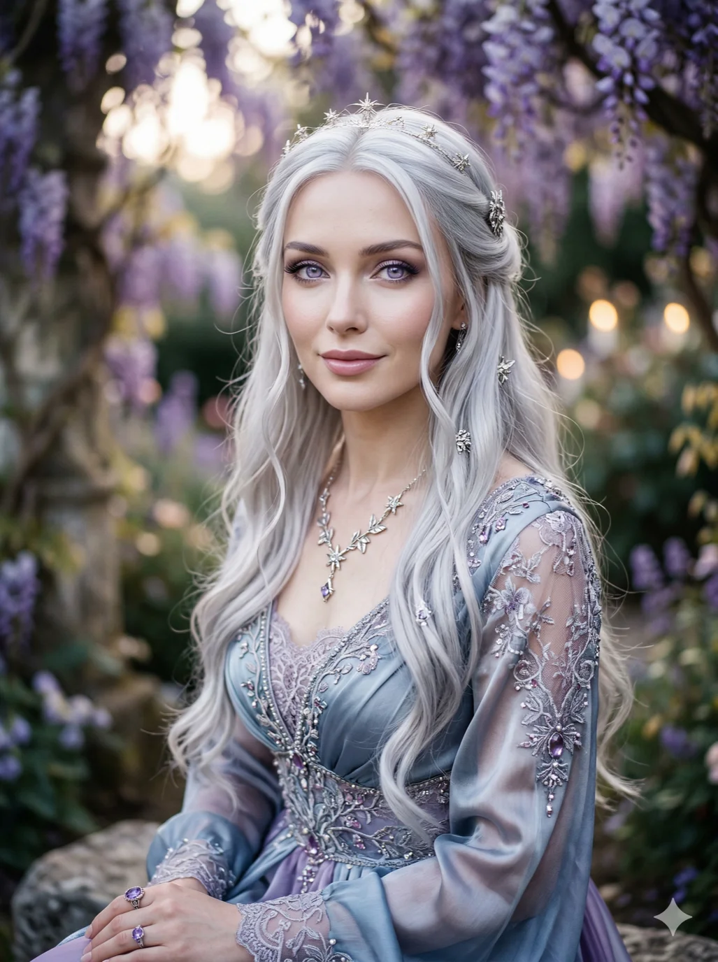 A master-class portrait of a woman with silver hair and lavender eyes, ethereal and otherworldly beauty, 2k, ultra detail, master piece, 3:4 ratio