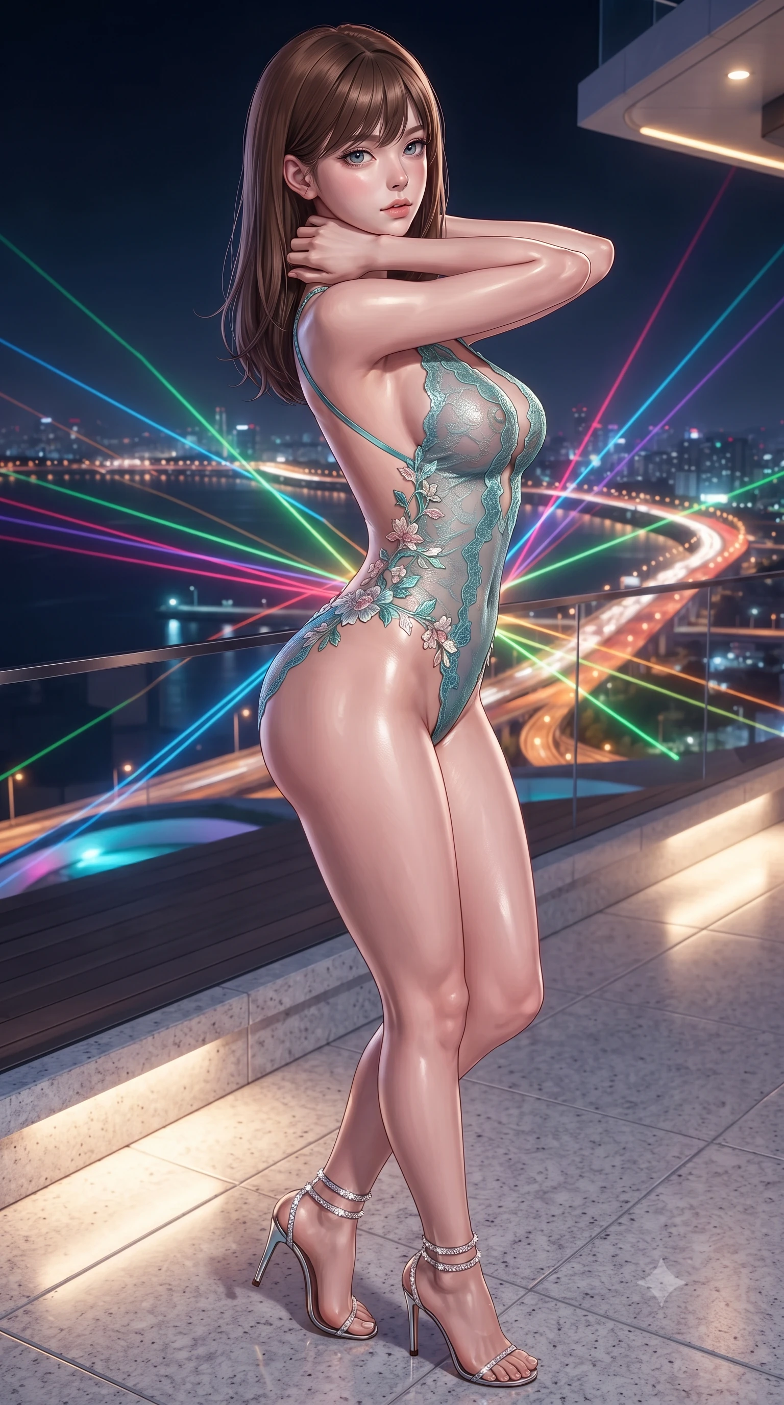 score_9, masterpiece, best quality, ultra-detailed, high-budget anime keyframe, editorial fashion photography, tasteful artistic composition, Korean woman. close-up cowboy shot from the waist and thighs up, the character dominates the composition, filling the frame with her large presence. resting both hands lightly behind her neck with elbows raised, arching her spine to highlight her narrow waist, flat midriff, and breathtaking collarbones while twisting her slender torso in an alluring contrapposto stance on the white granite deck, glowing city highway lights and lasers tracing her narrow waist and hips. The surrounding environment is rendered in vivid detail and crisp panoramic clarity: detailed garment tailoring, bodycon or sheer fit, and futuristic mega-structure engineering in razor-sharp precision. She has an exceptionally elegant, slender, and willowy female figure with an ultra-slim waist, flat toned midriff, narrow ribcage, and sculpted feminine hips creating an alluring, slim hourglass silhouette without bulk. sharp v-shaped jawline, high-bridge nose, intricate jewel-like sparkling eyes with depth, thick eyelashes, glossy parted lips with a natural peach sheen, bright cheerful beaming smile with an enchanting and coquettish sensual glint, exuding both youthful cute charm and seductive allure, flawlessly proportioned anatomical accuracy, strict slender model proportions, natural body alignment, perfectly sculpted long slender limbs, ultra-slim waistline, clean dynamic posture without body distortion. wearing an alluring backless sheer lace leotard with high-cut leg openings and delicate floral embroidery framing her spine in Sentosa tropical coral reef teal and pure iridescent pearl, crafted from stretch micro-mesh with liquid foil coating that shimmers with every movement, complemented by strappy stiletto sandals with crystal ankle wraps accentuating her slender calves, the precision-cut side openings and low-back scoop framing her graceful spine and the sensual sweep of her slim, toned hips. bathed in the dynamic multi-colored ambient of the illuminated bay lasers contrasted with warm 2900K recessed deck cove downlights. ultra-reflective glossy finish, specular highlights, rich textural contrasts, high-contrast stereoscopic depth, volumetric dynamic lighting, 2k, ultra detail, master piece, 9:16 ratio