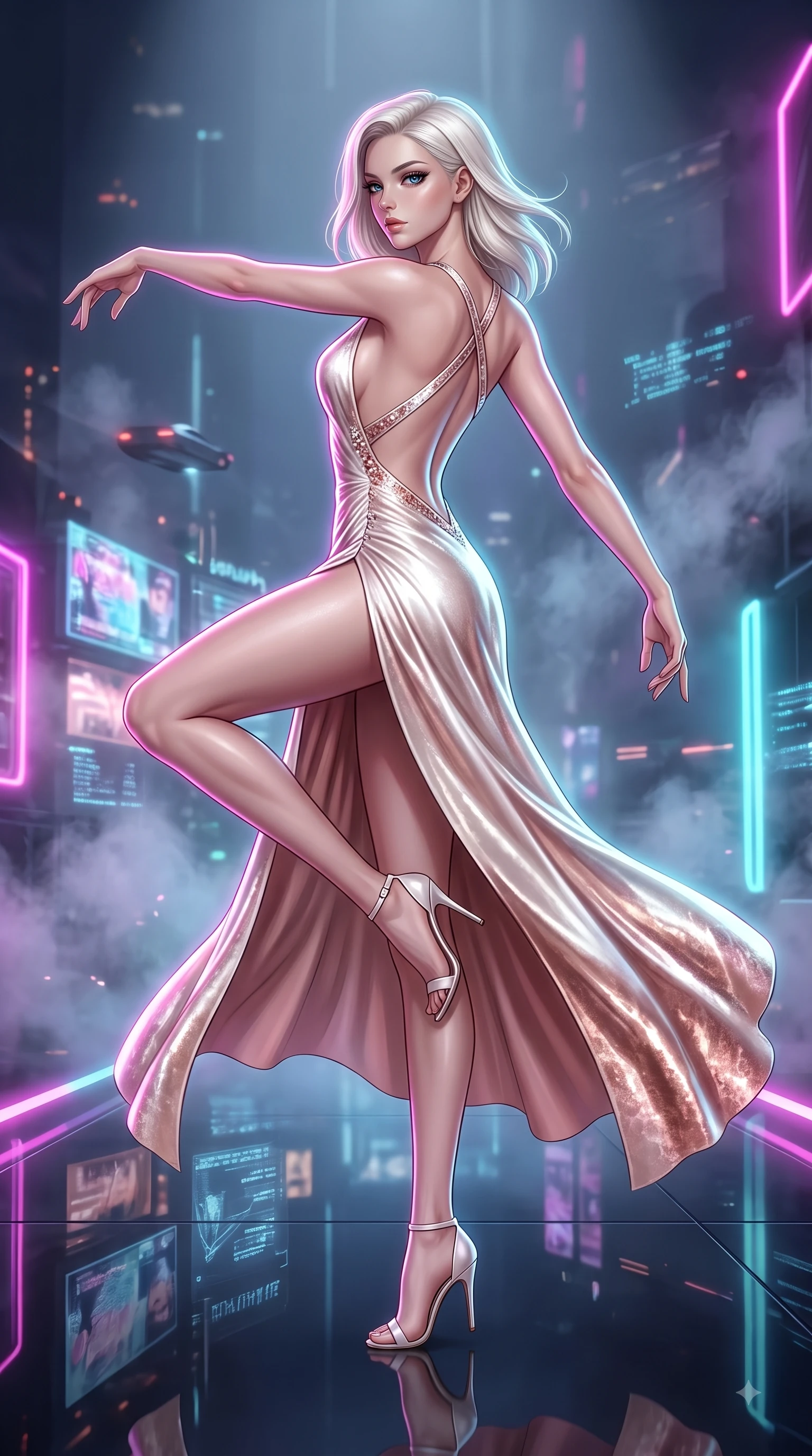 score_9, masterpiece, best quality, ultra-detailed, high-budget anime keyframe, editorial fashion photography, tasteful artistic composition, Caucasian woman. low angle full-body shot from head to toe showing her feet, filling the entire 9:16 vertical frame with her statuesque presence, stretching her vertical silhouette. performing an athletic mid-air rotation with flawless poise, her vertical silhouette beautifully stretched while stepping across a polished obsidian floor reflecting holographic billboards in mid-air, soft urban mist scattering vibrant magenta and cyan neon rim light around her silhouette. She has an absolutely perfect, statuesque 8.5-heads proportion, an exceptionally tall and slender model-like female figure with impossibly long slender legs and an ultra-slim waist. sharp v-shaped jawline, high-bridge nose, intricate jewel-like eyes with depth, thick eyelashes, glossy lips with a natural sheen, flawlessly proportioned anatomical accuracy, natural body alignment, perfectly sculpted elegant limbs, clean dynamic posture without body distortion. wearing a backless crushed velvet gown with a deep V-neckline and high thigh slit in pearl white and rose gold, crafted from lustrous satin jersey with fluid draping, complemented by criss-cross back straps highlighting her bare shoulders, the glove-like fit emphasizing her statuesque silhouette during motion. surrounded by a high-energy, seductive cyberpunk nightlife ambiance. ultra-reflective glossy finish, specular highlights, metallic sheen, high-contrast stereoscopic depth, volumetric dynamic lighting, 2k, ultra detail, master piece, 9:16 ratio