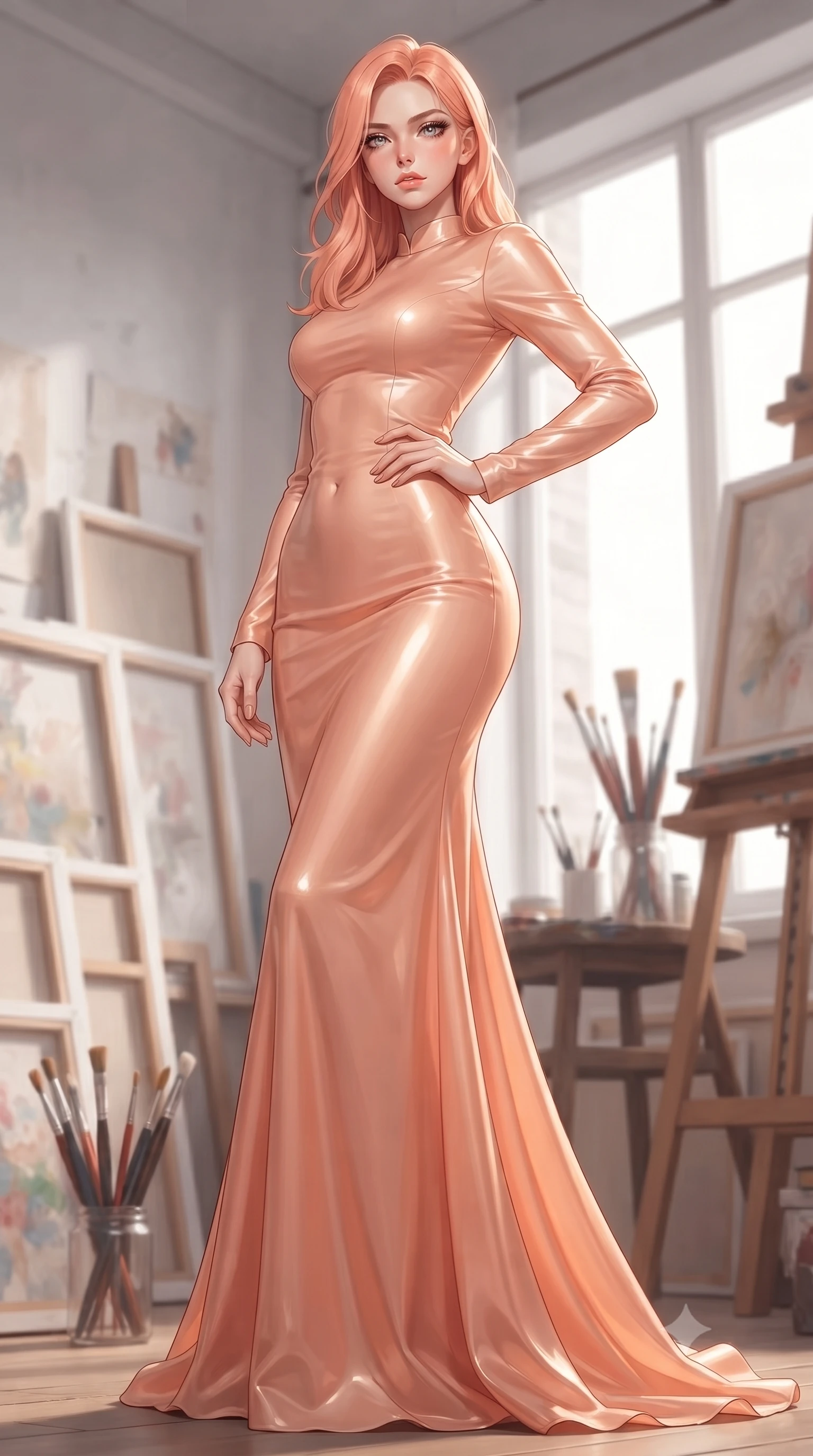 score_9, masterpiece, best quality, ultra-detailed, high-budget anime keyframe, editorial fashion photography, tasteful artistic composition, Japanese woman woman. low angle full-body shot from head to toe showing her feet, filling the entire 9:16 vertical frame with her statuesque presence, stretching her vertical silhouette. posing confidently with one hand on her hip, stretching her statuesque body to emphasize her curves the background shows a soft-focus an artist's loft studio filled with canvases, paint brushes, and easel near a large window. She has an absolutely perfect, statuesque 8.5-heads proportion, an exceptionally tall and slender model-like female figure with impossibly long slender legs and an ultra-slim waist. sharp v-shaped jawline, high-bridge nose, intricate jewel-like eyes with depth, thick eyelashes, glossy lips with a natural sheen. wearing a body-hugging flowy peach-colored chiffon lounge gown with long sleeves and a modest high collar. crisp North daylight casting soft, consistent lighting over the workspace. ultra-reflective glossy finish, specular highlights, metallic sheen, high-contrast stereoscopic depth, volumetric dynamic lighting, 2k, ultra detail, master piece, 9:16 ratio