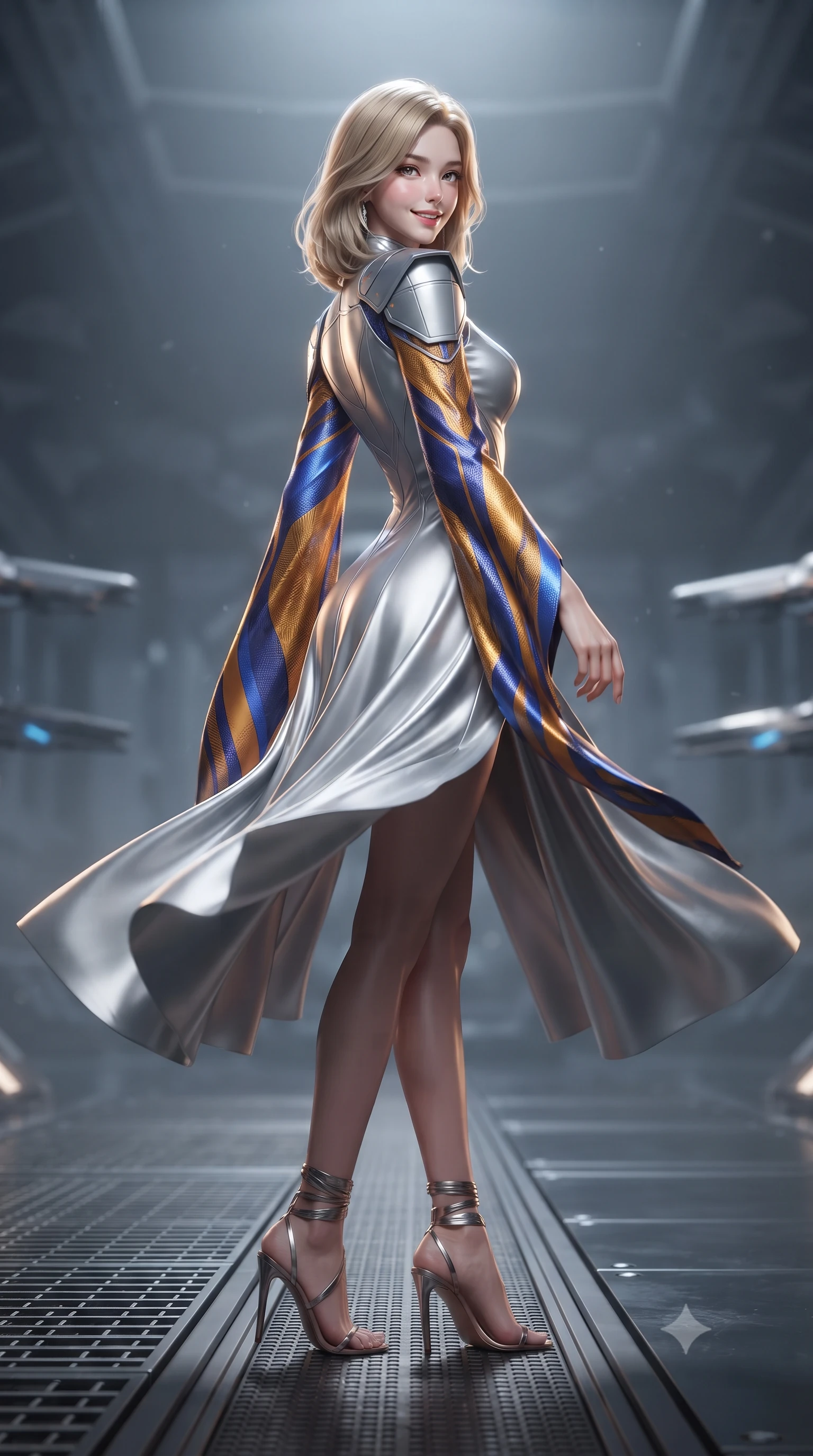 score_9, masterpiece, best quality, ultra-detailed, high-budget anime keyframe, editorial fashion photography, tasteful artistic composition, Korean woman. low angle full-body shot from head to toe showing her feet, filling the entire 9:16 vertical frame with her statuesque presence, stretching her vertical silhouette. executing a slow, graceful pivot turn as her skirt sways around her slender legs, glancing back with an enchanting, teasing sensual expression while standing poised on the magnetic guidance track in the cavernous zero-g armory, arching her spine with commanding haute-couture charisma as sleek armor-piercing sabots float in magnetic lock racks. The background shows a soft-focus zero-gravity particulate haze softened in orbital defense armory shallow focus. She has an exceptionally tall and slender model-like 8.5-heads proportion, an ultra-slim waist, a flat toned midriff, narrow delicate ribcage, and beautifully sculpted feminine hips creating a graceful, slim hourglass silhouette without any bulky heaviness, with impossibly long slender legs. sharp v-shaped jawline, high-bridge nose, intricate jewel-like sparkling eyes with depth, thick eyelashes, glossy parted lips with a natural peach sheen, bright cheerful beaming smile with an enchanting and coquettish sensual glint, exuding both youthful cute charm and seductive allure, flawlessly proportioned anatomical accuracy, strict slender model proportions, natural body alignment, perfectly sculpted long slender limbs, ultra-slim waistline, clean dynamic posture without body distortion. wearing an elegant high-neck diplomatic sci-fi gown made of bioluminescent silver silk with structured geometric shoulder plates and long flowing sleeves in Jovian storm amber and electric cobalt, woven from structured carbon-fiber jacquard with rich textural depth, complemented by strappy stiletto sandals with metallic ankle wraps accentuating her slender calves, the impeccably tailored cut draping gracefully along her slender figure with aristocratic poise. illuminated by dark titanium floor reflection bounce and sharp platinum-amber rim lights sculpting her jawline, narrow waist, and curvy hips. ultra-reflective glossy finish, specular highlights, rich textural contrasts, high-contrast stereoscopic depth, volumetric dynamic lighting, 2k, ultra detail, master piece, 9:16 ratio