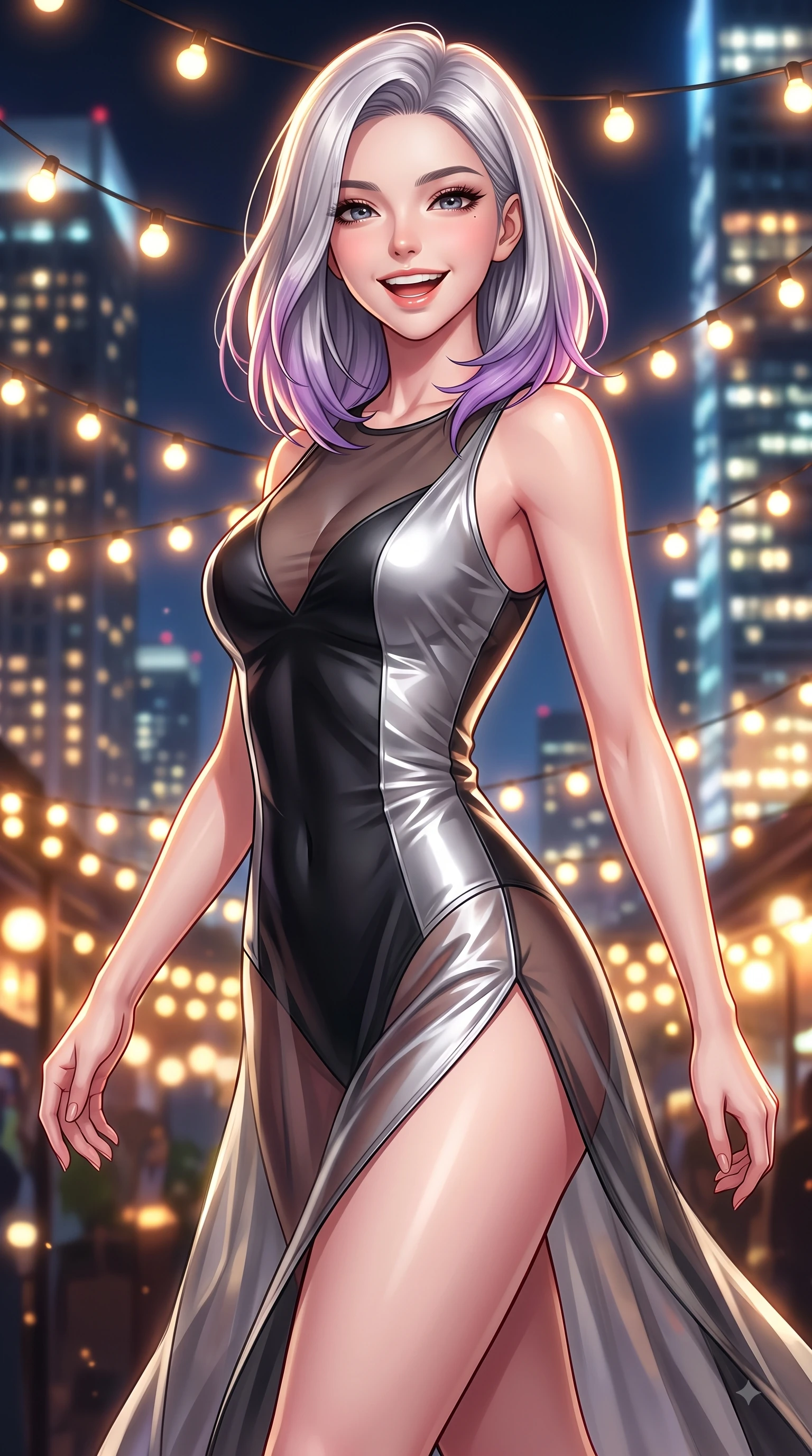 score_9, masterpiece, best quality, ultra-detailed, high-budget anime keyframe, editorial fashion photography, tasteful artistic composition, Caucasian woman. close-up cowboy shot from the waist and thighs up, the character dominates the composition, filling the frame with her large presence, background elements kept in soft focus. Gazing directly into the camera with a joyful, infectious smile as her torso curves dynamically in mid-stride while pivoting dynamically amidst string fairy lights with a laughing, delighted expression, glistening city lights and warm string fairy lamps creating rich ambient bokeh. She has an exceptionally elegant, slender, and willowy female figure with an ultra-slim waist, a gracefully sculpted slender torso, and a refined silhouette. sharp v-shaped jawline, high-bridge nose, intricate jewel-like eyes with depth, thick eyelashes, glossy lips with a natural sheen, flawlessly proportioned anatomical accuracy, natural body alignment, perfectly sculpted elegant limbs, clean dynamic posture without body distortion. wearing a semi-opaque sheer overlay dress over a leather micro-bodysuit in matte black and polished silver, crafted from smooth liquid silk, finished with a sleek side slit ascending to mid-thigh, the tailored fabric tightly following every curve of her athletic build. illuminated by cheerful city skyline backlighting and vibrant rim lights. highly saturated vibrant anime colors, detailed shading with soft gradients, rich glossy textures, high-contrast stereoscopic depth, volumetric dynamic lighting, master piece, 9:16 ratio