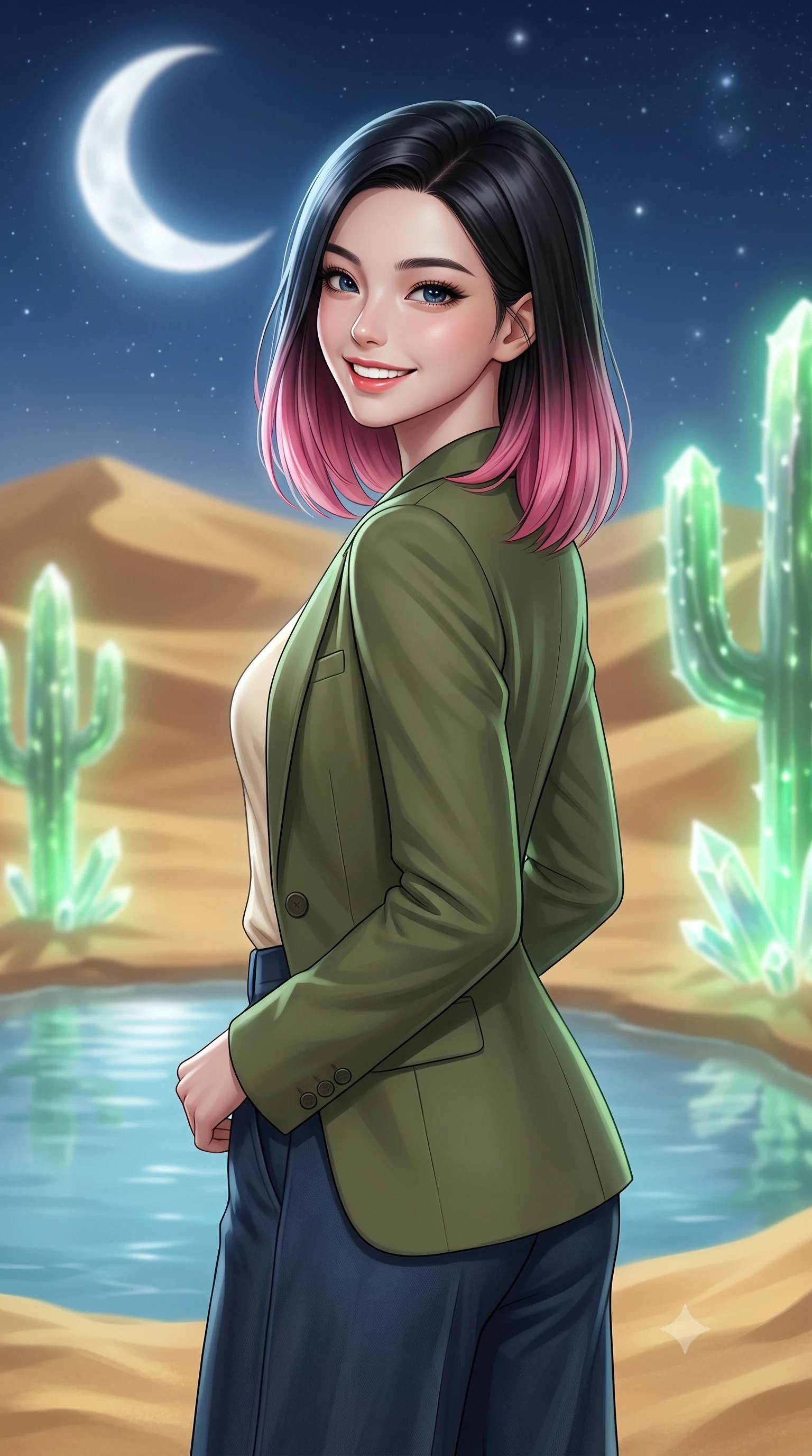 score_9, masterpiece, best quality, ultra-detailed, high-budget anime keyframe, editorial fashion photography, tasteful artistic composition, Korean woman. close-up cowboy shot from the waist and thighs up, the character dominates the composition, filling the frame with her large presence, background elements kept in soft focus. Looking over her shoulder with a bright, welcoming smile and happy eyes. set against a soft-focus background of standing beside a pristine desert pool surrounded by shifting gold sand dunes and glowing crystal cacti under a clear starry night. She has an exceptionally elegant, slender, and willowy female figure with a highly-defined ultra-slim waist, a gracefully sculpted slender torso, and a refined slim-fit silhouette that contours her form. sharp v-shaped jawline, high-bridge nose, intricate jewel-like eyes with depth, thick eyelashes, glossy lips with a natural sheen. wearing a sleek tailored olive green blazer over a cream cotton tee and dark blue wide-leg trousers. soft white moonlight from a large crescent moon with a gentle green bioluminescent glow from the cacti. 2k, ultra detail, master piece, 9:16 ratio