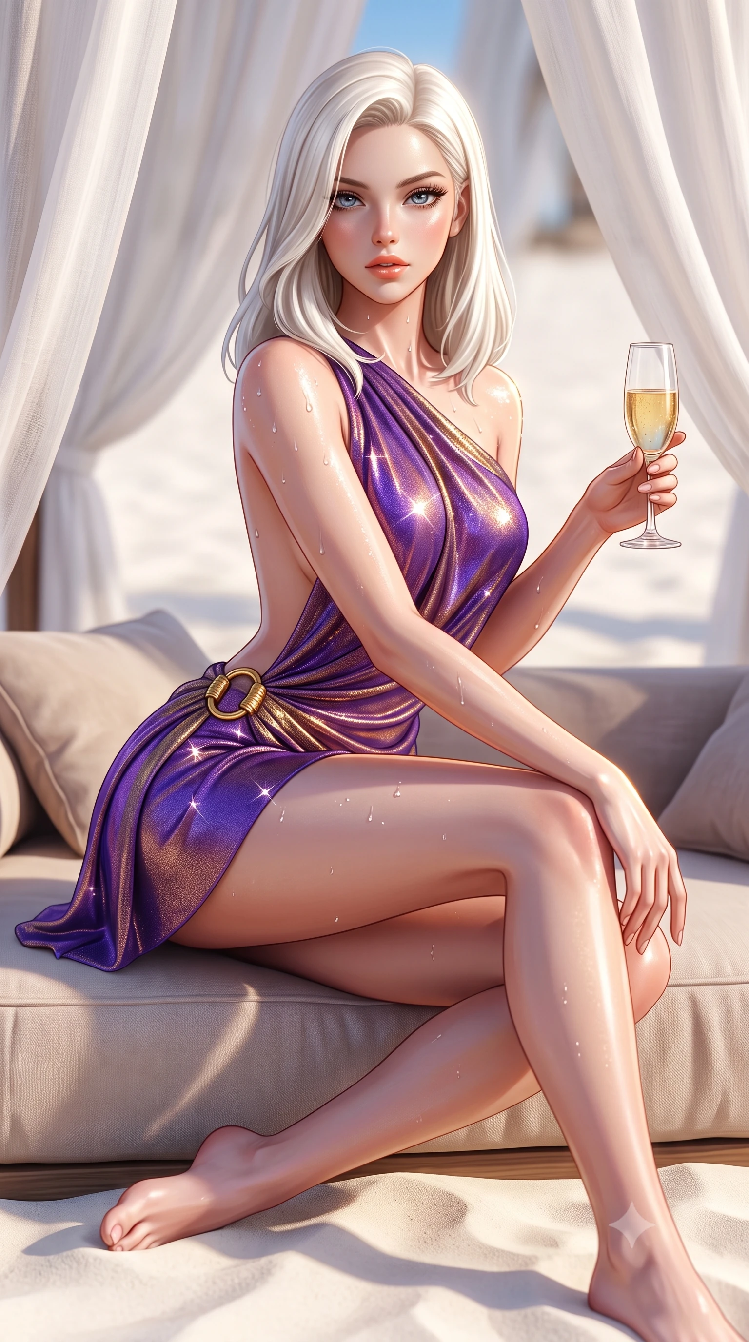 score_9, masterpiece, best quality, ultra-detailed, high-budget anime keyframe, semi-realistic 3D game render, editorial fashion photography, tasteful artistic composition, Caucasian woman. close-up cowboy shot from the waist and thighs up, the character dominates the composition, filling the frame with her large presence. leaning forward while arching her lower back to accentuate her curvy hips, looking into the camera with an intoxicating smoldering gaze and bedroom-eyes while sitting gracefully on the plush low divan on the sand with legs crossed, holding a glass of vintage champagne with magnetic siren cool. The background shows a soft-focus flowing white linen canopy curtains softened in secluded castaway romance shallow focus. She has an exceptionally elegant, slender, and willowy female figure with an ultra-slim waist, flat toned midriff, narrow ribcage, and sculpted feminine hips creating an alluring, slim hourglass silhouette without bulk. sharp v-shaped jawline, high-bridge nose, sparkling eyes with hypnotic seductive depth, thick curled eyelashes, glossy parted lips with a natural dewy peach sheen, alluring bedroom-eyes with an enchanting coquettish smile, exuding magnetic siren charisma and sophisticated glamour, flawlessly proportioned anatomical accuracy, strict slender model proportions, natural body alignment, perfectly sculpted long slender limbs, ultra-slim waistline, clean dynamic posture without body distortion. wearing a draped Greek-goddess style silk chiffon mini toga dress with an open back and golden hip fibula in royal amethyst purple and gilded bronze, woven from stretch metallic lurex jersey casting radiant starlight glints across her silhouette, finished with glistening drops of lagoon or spa water beading across her sculpted shoulders and collarbones, the form-contouring silhouette accentuating her sculpted flat midriff, narrow delicate ribcage, and gracefully curvy hips with intoxicating allure. illuminated by white sand reflection bounce and sharp flame-gold rim lights defining her razor-sharp jawline, narrow waist, and curvy hips. highly saturated vibrant anime colors, detailed shading with soft gradients, rich glossy textures, high-contrast stereoscopic depth, volumetric dynamic lighting, master piece, 9:16 ratio