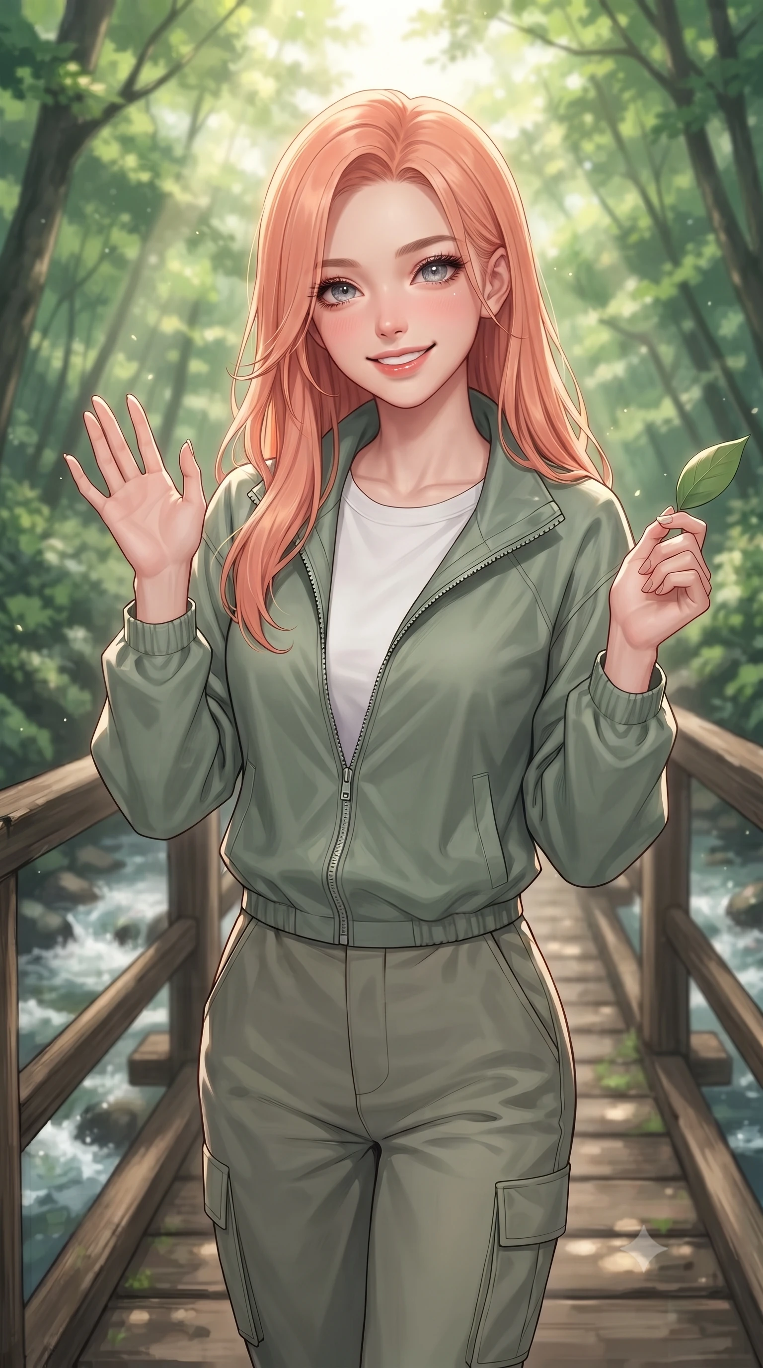 score_9, masterpiece, best quality, ultra-detailed, high-budget anime keyframe, editorial fashion photography, tasteful artistic composition, Japanese woman. close-up cowboy shot from the waist and thighs up, the character dominates the composition, filling the frame with her large presence, background elements kept in soft focus. flashing a sweet, beaming smile while waving one hand gently toward the camera set against a soft-focus background of on a rustic wooden bridge crossing a shallow, bubbling valley stream holding a smooth green leaf with a happy, refreshed expression. She has an exceptionally elegant, slender, and willowy female figure with an ultra-slim waist, a gracefully sculpted slender torso, and a refined silhouette. sharp v-shaped jawline, high-bridge nose, intricate jewel-like eyes with depth, thick eyelashes, glossy lips with a natural sheen. wearing tailored casual athletic windbreaker in sage green, paired with a simple tee and cargo pants. dappled sunbeams filtering through the dense green forest canopy. ultra-reflective glossy finish, specular highlights, metallic sheen, high-contrast stereoscopic depth, volumetric dynamic lighting, 2k, ultra detail, master piece, 9:16 ratio
