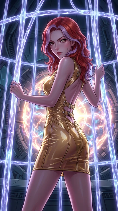 score_9, masterpiece, best quality, ultra-detailed, High-budget Anime Keyframe, Caucasian woman, strictly human ears. Low angle cowboy shot filling the entire 9:16 frame with her statuesque presence. Scenario 383: trapped in a cage of glowing crystal