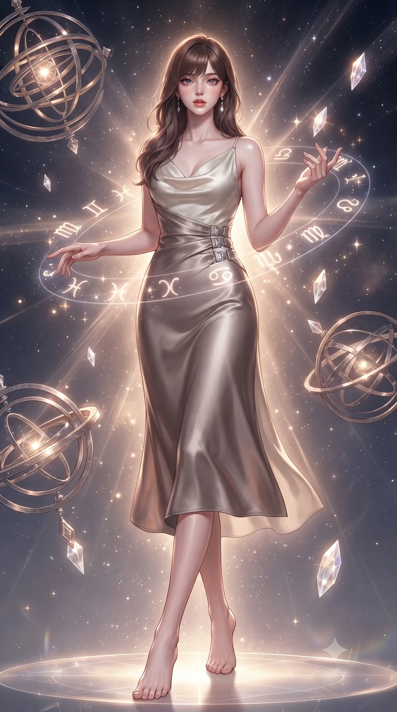 score_9, masterpiece, best quality, ultra-detailed, high-budget anime keyframe, editorial fashion photography, tasteful artistic composition, Korean woman. low angle full-body shot from head to toe showing her feet, filling the entire 9:16 vertical frame with her statuesque presence, stretching her vertical silhouette. navigating the luminous space with effortless poise, displaying her perfect model proportions surrounded by floating armillary spheres and glowing starlight crystals, translucent zodiac glyphs orbiting around her delicate hands. She has an absolutely perfect, statuesque 8.5-heads proportion, an exceptionally tall and slender model-like female figure with impossibly long slender legs and an ultra-slim waist. sharp v-shaped jawline, high-bridge nose, intricate jewel-like eyes with depth, thick eyelashes, glossy lips with a natural sheen. wearing an elegant cowl-neck satin midi dress with a draped neckline in muted taupe and soft ivory, crafted from lustrous satin jersey with fluid draping, detailed with polished silver buckles along the waistline, the glove-like fit emphasizing her statuesque silhouette. surrounded by a glowing aura of starlight and shimmering celestial rays. ultra-reflective glossy finish, specular highlights, metallic sheen, high-contrast stereoscopic depth, volumetric dynamic lighting, 2k, ultra detail, master piece, 9:16 ratio