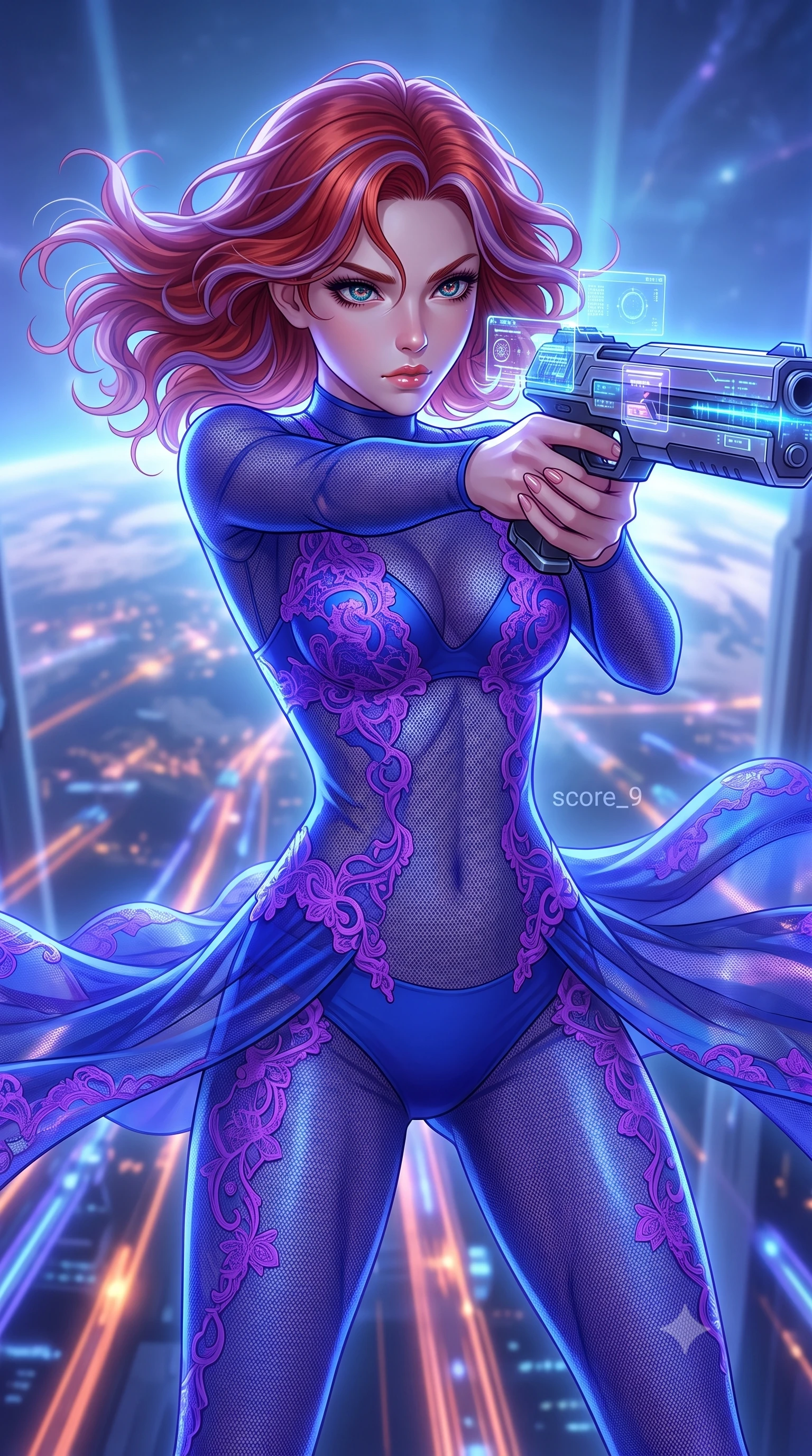 score_9, masterpiece, best quality, ultra-detailed, high-budget anime keyframe, editorial fashion photography, tasteful artistic composition, Caucasian woman, strictly human ears. close-up cowboy shot from the waist and thighs up, the character dominates the composition, filling the frame with her large presence, background elements kept in soft focus. Aiming a sleek holographic railgun with intense focused gaze and wind-blown hair. set against a soft-focus background of the pinnacle of a galactic citadel spire overlooking a capital planet, hover-traffic streaming in orange paths below. She has an exceptionally elegant and slender, willowy female figure with an ultra-slim waist, a gracefully sculpted slender torso, and a refined slim physique. sharp v-shaped jawline, high-bridge nose, intricate jewel-like eyes with depth, thick eyelashes, glossy lips with a natural sheen. wearing the lightweight fabric rippling and billowing dramatically with her movement, a tailored see-through mesh catsuit in royal blue, detailed with vibrant violet lace applique over a matching blue underlayer. highly saturated vibrant anime colors, intense vivid color palette, soft 3D volumetric shading, volumetric dynamic lighting, cool ethereal blue-violet bioluminescent glow wrapping around her from all sides. 2k, ultra detail, master piece, 9:16 ratio
