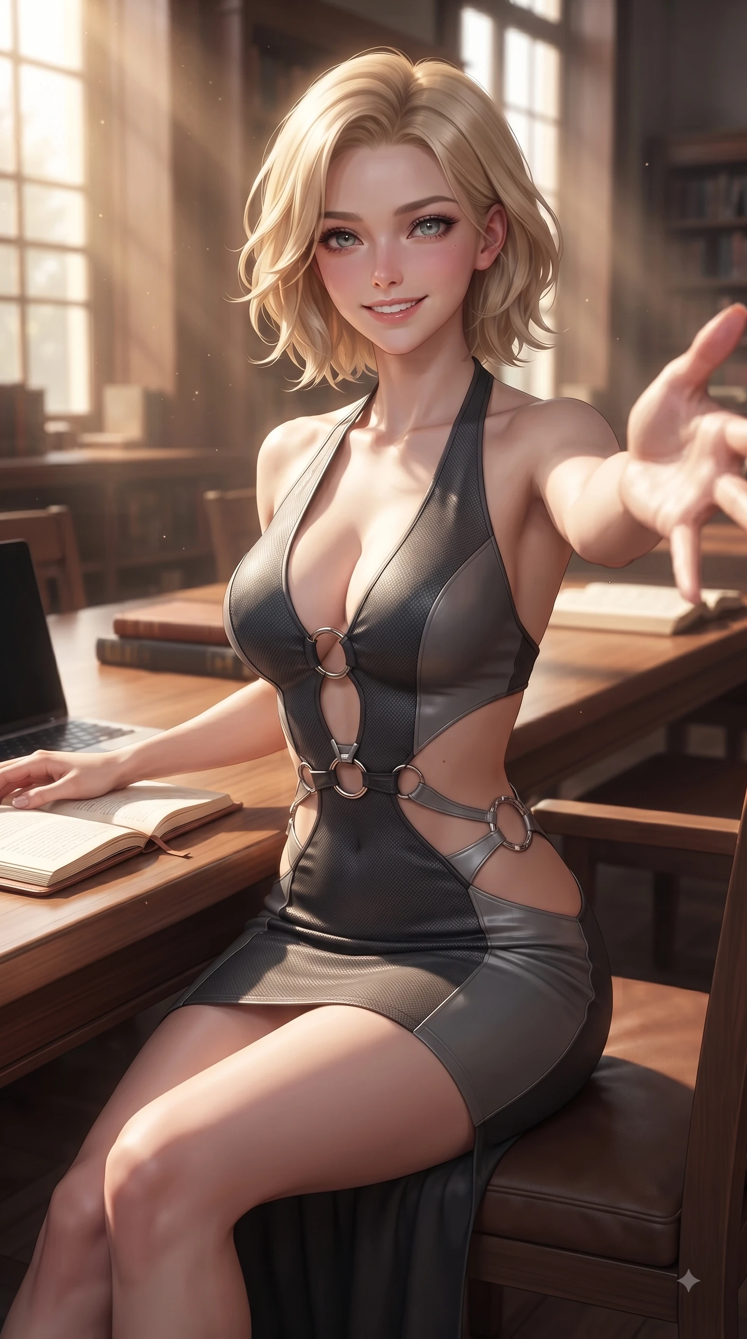 score_9, masterpiece, best quality, ultra-detailed, high-budget anime keyframe, editorial fashion photography, tasteful artistic composition, Caucasian woman. close-up cowboy shot from the waist and thighs up, the character dominates the composition, filling the frame with her large presence, background elements kept in soft focus. Fresh enchanting smile, her eyes twinkling like jewels in the bright sunlight as one arm reaches out cheerfully while sitting at a long wooden study table in a quiet sunlit library room with an intelligent cute smile, laptops, open notebooks, and leather pencil cases adding an authentic student vibe. She has an exceptionally elegant, slender, and willowy female figure with an ultra-slim waist, a gracefully sculpted slender torso, and a refined silhouette. sharp v-shaped jawline, high-bridge nose, intricate jewel-like eyes with depth, thick eyelashes, glossy lips with a natural sheen, flawlessly proportioned anatomical accuracy, natural body alignment, perfectly sculpted elegant limbs, clean dynamic posture without body distortion. wearing a deep-scoop halter bodycon dress with hip cutouts connected by silver rings in charcoal grey and platinum, made of fine carbon-fiber weave and soft matte leather, featuring clean architectural cutouts along her slender torso, the elegant draped fit framing her graceful clavicle and slender torso. bathed in warm golden dusty sunbeams and clear ambient library illumination. ultra-reflective glossy finish, specular highlights, metallic sheen, high-contrast stereoscopic depth, volumetric dynamic lighting, 2k, ultra detail, master piece, 9:16 ratio