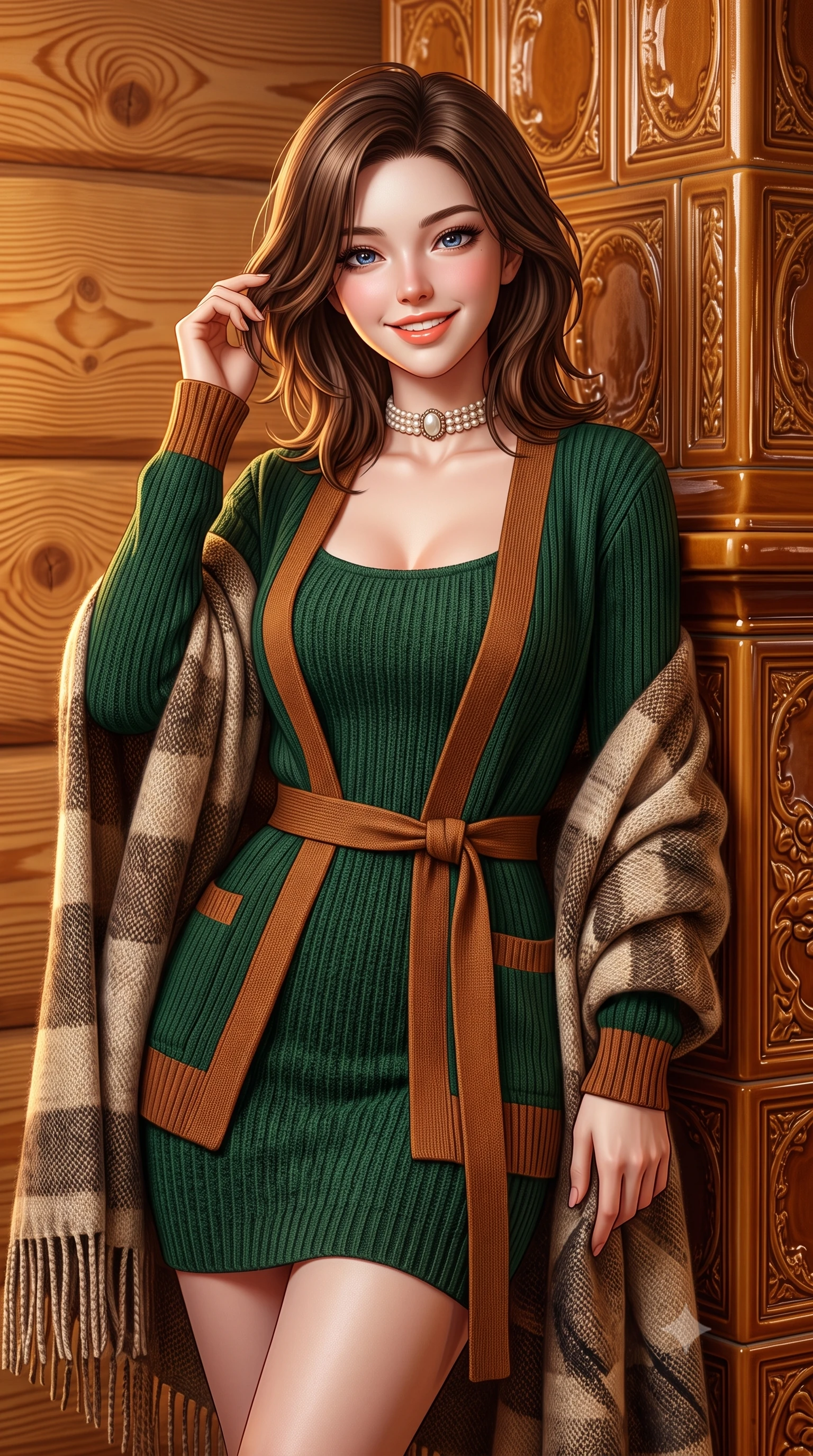 score_9, masterpiece, best quality, ultra-detailed, high-budget anime keyframe, semi-realistic 3D game render, editorial fashion photography, tasteful artistic composition, Korean woman. close-up cowboy shot from the waist and thighs up, the character dominates the composition, filling the frame with her large presence. twisting her slender torso in an alluring contrapposto stance, one hand toying with her hair while her gaze radiates magnetic charm while leaning against the warm ceramic tiles of the traditional Kachelofen stove, wrapped in a luxurious blanket scarf with cozy contented grace. The surrounding environment is rendered in vivid detail and crisp panoramic clarity: sharp tight annual growth rings in fragrant pine timber, glazed ceramic stove relief patterns, and hand-woven wool throw textures in deep focus. She has an exceptionally elegant, slender, and willowy female figure with an ultra-slim waist, flat toned midriff, narrow ribcage, and sculpted feminine hips creating an alluring, slim hourglass silhouette without bulk. sharp v-shaped jawline, high-bridge nose, intricate jewel-like sparkling eyes with depth, thick eyelashes, glossy parted lips with a natural peach sheen, bright cheerful beaming smile with an enchanting and coquettish sensual glint, exuding both youthful cute charm and seductive allure, flawlessly proportioned anatomical accuracy, strict slender model proportions, natural body alignment, perfectly sculpted long slender limbs, ultra-slim waistline, clean dynamic posture without body distortion. wearing a form-fitting plush chenille knit bodycon dress hugging her torso and hips, layered with a belted open wool cardigan in heritage British racing green and warm cognac brown, tailored from form-contouring ribbed merino wool hugging her torso like a second skin, complemented by an antique baroque pearl choker accentuating her delicate neck and collarbones, the glove-like clinging cut tightly following the natural contour of her hips and long slender legs with youthful 8.5-heads elegance. illuminated by honey pine wall reflection bounce and warm buttery rim lights sculpting her features and slender hourglass curves. highly saturated vibrant anime colors, detailed shading with soft gradients, rich glossy textures, high-contrast stereoscopic depth, volumetric dynamic lighting, master piece, 9:16 ratio