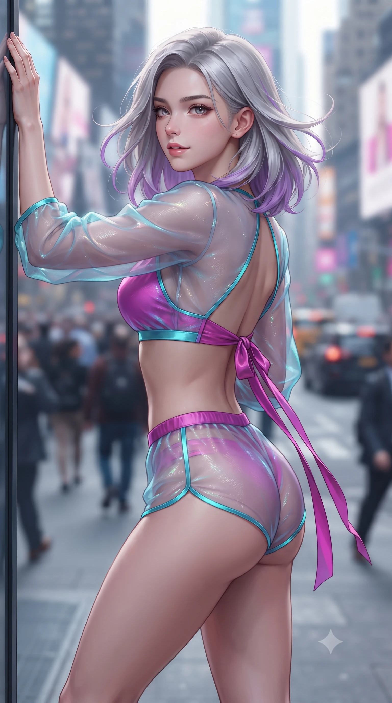 score_9, masterpiece, best quality, ultra-detailed, high-budget anime keyframe, editorial fashion photography, tasteful artistic composition, Caucasian woman. close-up cowboy shot from the waist and thighs up, the character dominates the composition, filling the frame with her large presence. turning slowly with an enchanting smoldering smile, her glossy hair tossing in the breeze as her hips angle gracefully in a captivating contrapposto while leaning against the bridge window with hips cocked back, glancing back with an alluring, parted-lip smile as giant screens illuminate her silhouette. The background shows a soft-focus moving crowds and traffic softened in iconic metropolitan shallow focus. She has an exceptionally elegant, slender, and willowy female figure with an ultra-slim waist, flat toned midriff, narrow ribcage, and sculpted feminine hips creating an alluring, slim hourglass silhouette without bulk. sharp v-shaped jawline, high-bridge nose, sparkling eyes with hypnotic seductive depth, thick curled eyelashes, glossy parted lips with a natural dewy peach sheen, alluring bedroom-eyes with an enchanting coquettish smile, exuding magnetic siren charisma and sophisticated glamour, flawlessly proportioned anatomical accuracy, strict slender model proportions, natural body alignment, perfectly sculpted long slender limbs, ultra-slim waistline, clean dynamic posture without body distortion. wearing a modern two-piece royal silk loungewear set featuring an open-front short bolero and form-fitting silk hot-pants in electric 80s magenta and neon cyan with chrome highlights, made of delicate semi-sheer Korean gossamer organza with subtle pearlescent glints, finished with long silk ribbon ties fluttering down her bare spine from a backless halter, the form-contouring silhouette accentuating her sculpted flat midriff, narrow delicate ribcage, and gracefully curvy hips with intoxicating allure. illuminated by glass window bounce and sharp electric-cyan rim lights defining her razor-sharp jawline, ultra-slim waist, and curvy hips. ultra-reflective glossy finish, specular highlights, rich textural contrasts, high-contrast stereoscopic depth, volumetric dynamic lighting, 2k, ultra detail, master piece, 9:16 ratio