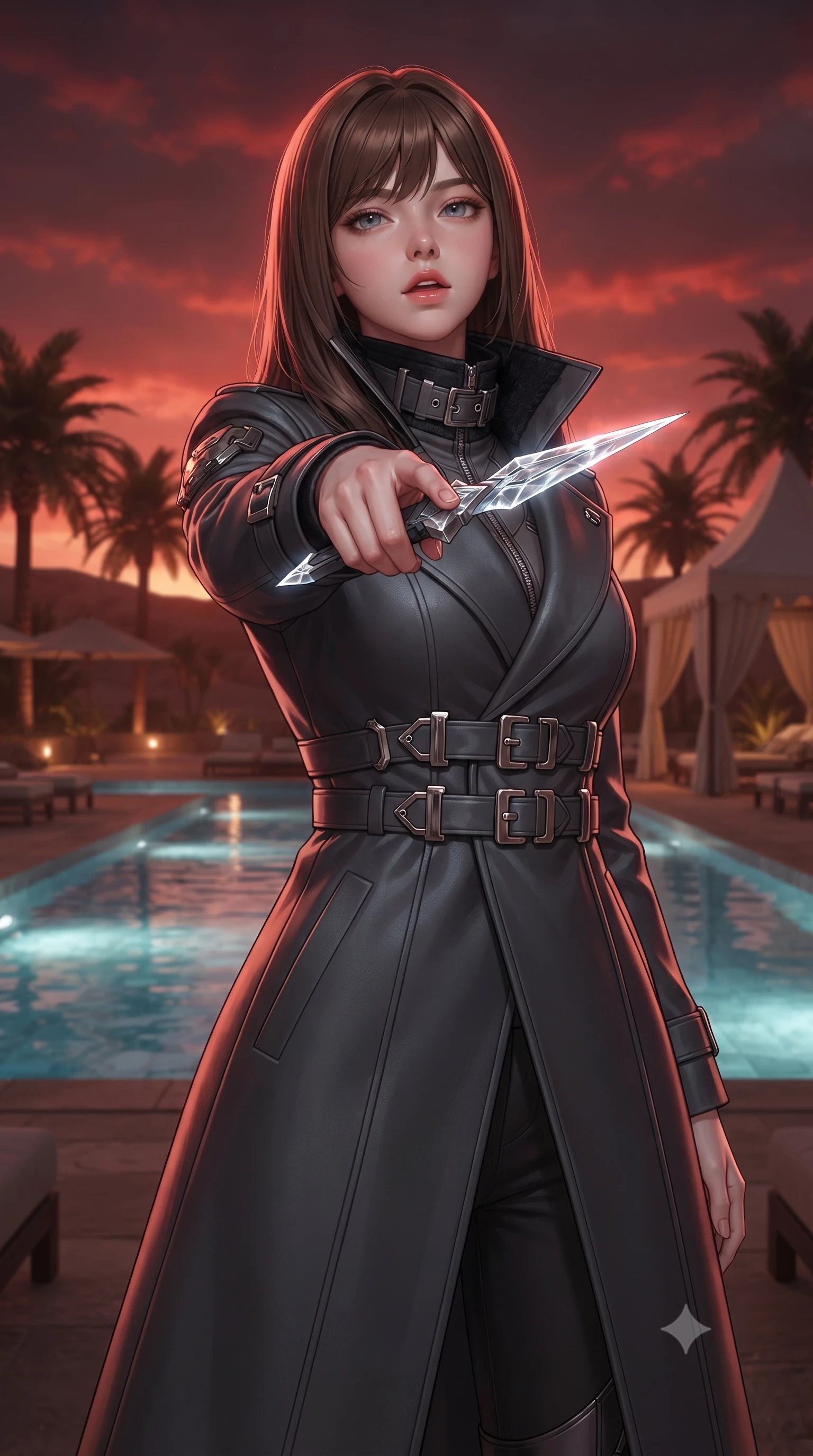 score_9, masterpiece, best quality, ultra-detailed, high-budget anime keyframe, editorial fashion photography, tasteful artistic composition, Korean woman. close-up cowboy shot from the waist and thighs up, the character dominates the composition, filling the frame with her large presence, background elements kept in soft focus. pointing a crystal-edged laser dagger forward in a defensive stance, tilting her chin up slightly with lips parted in a composed pose, the background shows a soft-focus a luxury desert resort pool deck with palm trees and canvas tents at dusk. She has an exceptionally elegant, slender, and willowy female figure with an ultra-slim waist, a gracefully sculpted slender torso, and a refined silhouette. sharp v-shaped jawline, high-bridge nose, intricate jewel-like eyes with depth, thick eyelashes, glossy lips with a natural sheen. wearing a slim-fit tailored future military trench coat in charcoal grey, worn closed with heavy metallic buckles and high-collar lining. the warm red and orange sunset sky casting a dramatic glow over the sands. ultra-reflective glossy finish, specular highlights, metallic sheen, high-contrast stereoscopic depth, volumetric dynamic lighting, 2k, ultra detail, master piece, 9:16 ratio