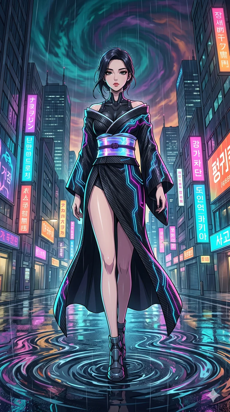 score_9, masterpiece, best quality, ultra-detailed, High-budget Anime Keyframe, vibrant colors, fluid line-art, expressive lighting, cinematic composition, Ufotable-style visual effects, top-tier animation quality, Korean woman with idol-like refined features. Cinematic low angle perspective showcasing her towering height and perfect 8-heads proportion. Warping the very fabric of reality around her as she walks, the ground turning into liquid and the sky changing colors. She has an absolutely perfect 8-heads proportion, an exceptionally tall and slender female figure with impossibly long slender legs and an ultra-slim waist, her statuesque height and towering silhouette dominating the vertical 9:16 frame. Her face is a masterpiece featuring a sharp v-shaped jawline, high-bridge nose, intricate jewel-like eyes with depth, thick eyelashes, and glossy lips with a natural sheen. She is wearing a High-slit tech-kimono with holographic obi and integrated neon-lit circuitry patterns crafted from Carbon-fiber weave with a high-tech matte finish and integrated glowing filaments, unzipped deeply to reveal a daring glimpse of her chest and a high-cut leg line. The scene is set in a sprawling cyberpunk metropolis in heavy rain with vibrant neon glows reflecting on every surface, illuminated by cinematic lighting with dramatic rim light that highlights her slender silhouette. 2k, ultra detail, master piece, 9:16 ratio