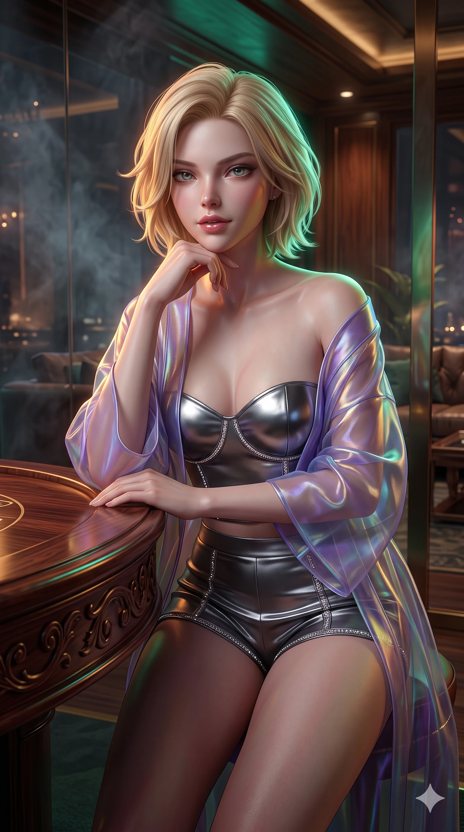 score_9, masterpiece, best quality, ultra-detailed, high-budget anime keyframe, semi-realistic 3D game render, editorial fashion photography, tasteful artistic composition, Caucasian woman. close-up cowboy shot from the waist and thighs up, the character dominates the composition, filling the frame with her large presence. resting one elbow on the table and supporting her chin, leaning close to the camera with heavy-lidded sparkling eyes and parted lips while leaning over the carved rosewood gaming table with hips cocked back, looking through smoked glass partitions with heavy-lidded seductive bedroom-eyes. The surrounding environment is rendered in vivid detail and crisp panoramic clarity: detailed peplum corset dress tailoring, jeweled clasp closures, and luxury VIP club interior in razor-sharp clarity. She has an exceptionally elegant, slender, and willowy female figure with an ultra-slim waist, flat toned midriff, narrow ribcage, and sculpted feminine hips creating an alluring, slim hourglass silhouette without bulk. sharp v-shaped jawline, high-bridge nose, intricate jewel-like sparkling eyes with depth, thick eyelashes, glossy parted lips with a natural sheen, intensely captivating and seductive bedroom-eyes expression, exuding both youthful cute charm and sovereign luxury allure, flawlessly proportioned anatomical accuracy, strict slender model proportions, natural body alignment, perfectly sculpted long slender limbs, ultra-slim waistline, clean dynamic posture without body distortion. wearing a translucent iridescent organza kimono robe slipping off bare shoulders over a matching satin micro-bralette and micro-shorts in charcoal grey and polished chrome, crafted from luxurious metallic lamé that shifts radiance with every step, finished with delicate crystal-encrusted thigh garter straps glinting in the dim light, the form-contouring cut accentuating her sculpted flat midriff, narrow delicate ribcage, and gracefully curvy hips with intoxicating allure. illuminated by polished table bounce and sharp emerald-amber rim lights defining her razor-sharp jawline, narrow waist, and curvy hips. highly saturated vibrant anime colors, detailed shading with soft gradients, rich glossy textures, high-contrast stereoscopic depth, volumetric dynamic lighting, master piece, 9:16 ratio