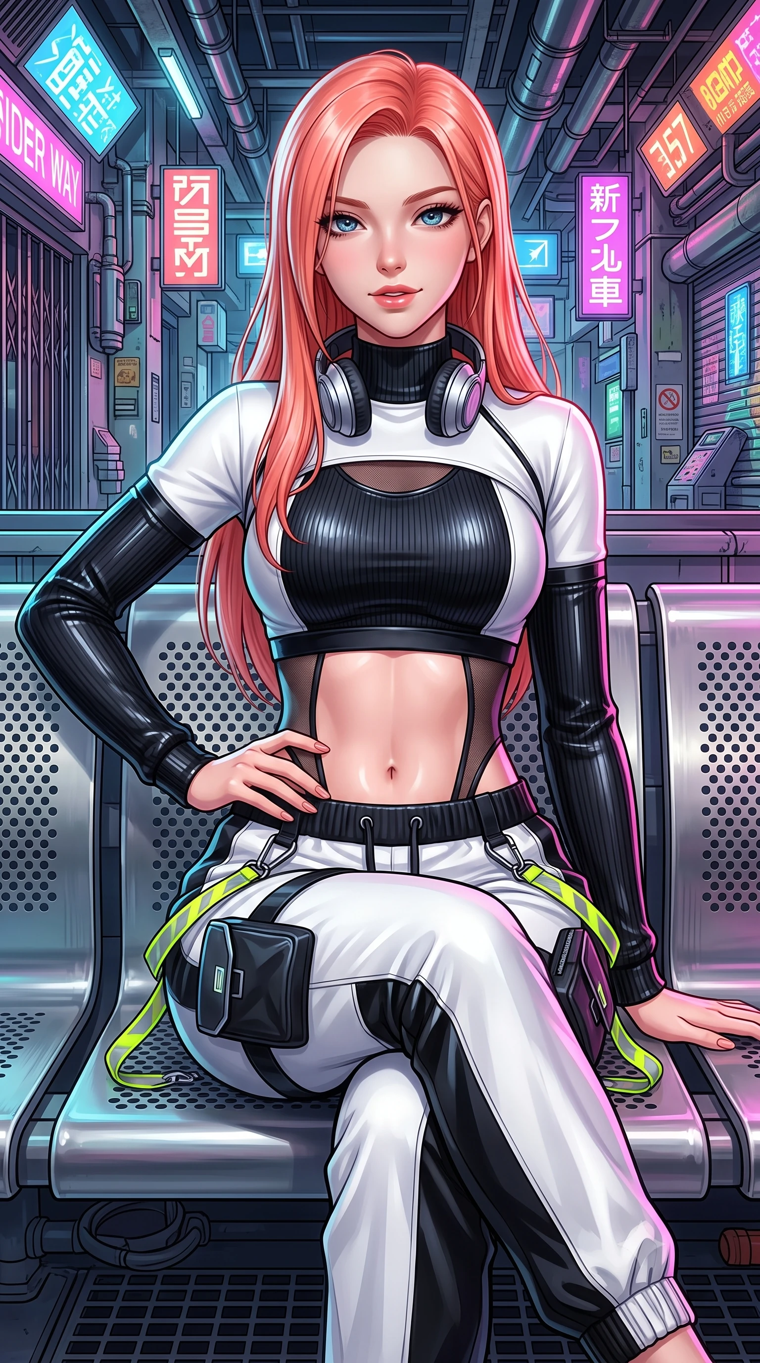 score_9, masterpiece, best quality, ultra-detailed, high-budget anime keyframe, semi-realistic 3D game render, editorial fashion photography, tasteful artistic composition, Japanese woman. close-up cowboy shot from the waist and thighs up, the character dominates the composition, filling the frame with her large presence. smiling with subtle, enchanting allure and glossy parted lips, one hand resting on her waist with effortless supermodel poise while sitting casually on a stainless steel station bench with legs crossed, headphones around her neck, looking directly into the lens. The surrounding environment is rendered in vivid detail and crisp panoramic clarity. high-contrast cyberpunk street chiaroscuro and raw urban subway aesthetics rendered with precision. She has an exceptionally elegant, slender, and willowy female figure with an ultra-slim waist, a gracefully sculpted slender torso, toned flat midriff, and a refined slim silhouette. sharp v-shaped jawline, high-bridge nose, intricate jewel-like eyes with depth, thick eyelashes, glossy lips with a natural sheen, captivating and magnetic expression, flawlessly proportioned anatomical accuracy, strict slender model proportions, natural body alignment, perfectly sculpted long slender limbs, ultra-slim waistline, clean dynamic posture without body distortion. wearing an aerodynamic athletic crop pullover with detachable sleeves and high-waist techwear joggers in high-contrast monochrome white and glossy black, made of stretchy ribbed athletic knit with sheer mesh cutout inserts, finished with reflective safety hazard tape details and carabiner clips, the liquid-tight tailored fabric emphasizing every curve of her tall, slender model proportions and sculptured silhouette during dynamic movement. illuminated by crisp specular highlights defining her toned flat midriff and athletic curves. highly saturated vibrant anime colors, detailed shading with soft gradients, rich glossy textures, high-contrast stereoscopic depth, volumetric dynamic lighting, master piece, 9:16 ratio