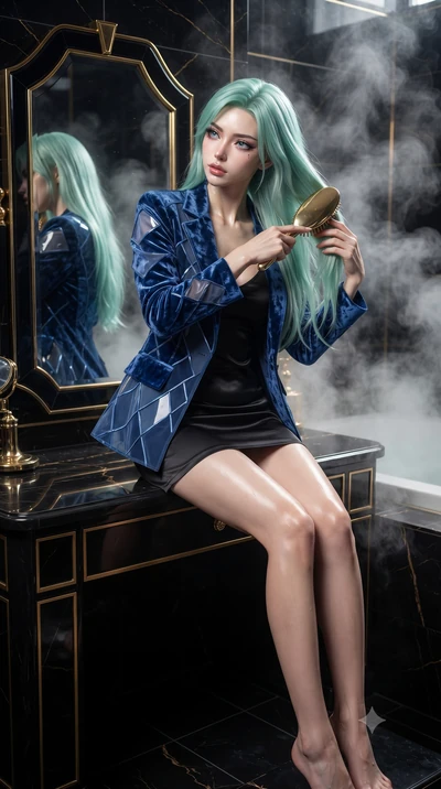 score_9, masterpiece, best quality, ultra-detailed, High-budget Anime Keyframe, editorial fashion photography, tasteful artistic composition, realistic cosplay photography, East Asian woman. Dynamic full-body shot stretching the vertical silhouette t
