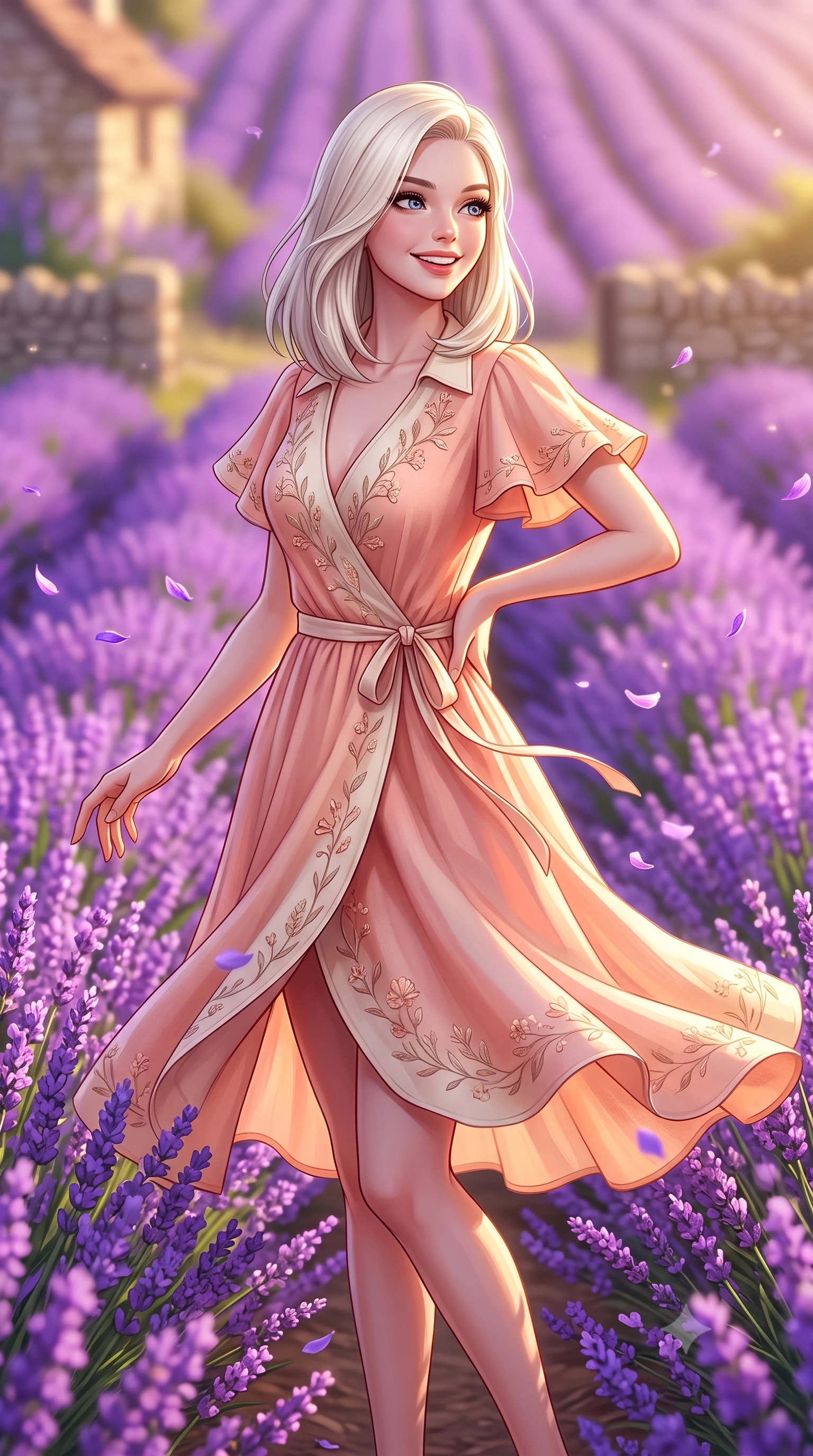 score_9, masterpiece, best quality, ultra-detailed, high-budget anime keyframe, semi-realistic 3D game render, editorial fashion photography, tasteful artistic composition, Caucasian woman. close-up cowboy shot from the waist and thighs up, the character dominates the composition, filling the frame with her large presence. resting one hand lightly on her waist while casting a charming, captivating side-gaze with thick eyelashes while twirling cheerfully between vibrant purple lavender ridges as delicate violet petals flutter in the air. The composition keeps background elements in soft focus with creamy bokeh. endless rolling purple lavender fields and vintage stone cottage walls blurred into dreamy violet and golden bokeh. She has an exceptionally elegant, slender, and willowy female figure with an ultra-slim waist, a gracefully sculpted slender torso, toned flat midriff, and a refined slim silhouette. sharp v-shaped jawline, high-bridge nose, intricate jewel-like eyes with depth, thick eyelashes, glossy lips with a natural sheen, pure and lovely fresh girlhood expression, flawlessly proportioned anatomical accuracy, strict slender model proportions, natural body alignment, perfectly sculpted long slender limbs, ultra-slim waistline, clean dynamic posture without body distortion. wearing a romantic wrap-style linen sundress with subtle botanical embroidery and a dainty waist tie in warm peach blossom pink and champagne ivory, made of comfortable premium stretch denim and airy cotton-jersey, featuring elegant flutter sleeves and a graceful open collar, the soft airy drape swaying gracefully with her dynamic movements, emphasizing her tall willowy build and slim waistline. bathed in warm golden hour sunlight casting long romantic shadows across the purple lavender rows. highly saturated vibrant anime colors, detailed shading with soft gradients, rich glossy textures, high-contrast stereoscopic depth, volumetric dynamic lighting, master piece, 9:16 ratio